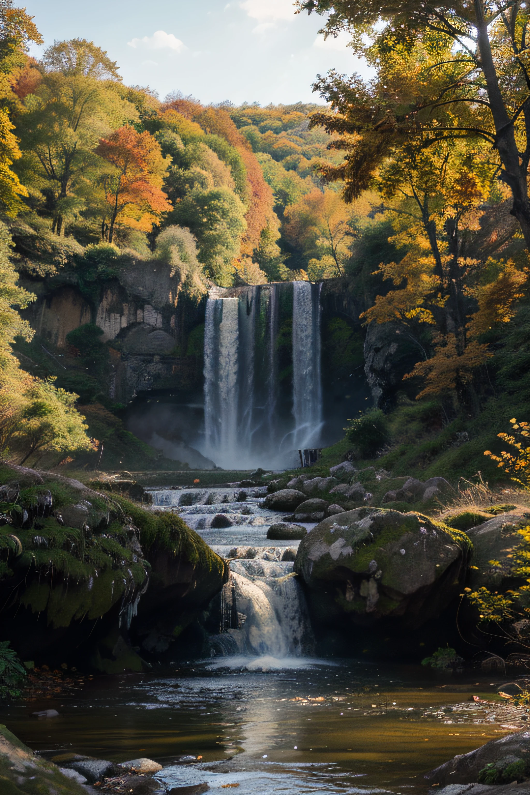 Please create a maximum quality image with advanced detail levels and cinematic style, depicting a beautiful waterfall in an autumn landscape. The scene should be set in a forest, providing a relaxing and visually striking atmosphere.

The waterfall should be captured in such a way as to highlight the beauty of moving water, with special attention to the details of the waterfall and the interaction with the surrounding environment. The autumn landscape should be evident, incorporating vibrant colors of leaves in shades of yellow, orange and red.

The image should convey a sense of serenity and tranquillity, making the most of cinematic lighting to create soft shadows and highlight the details of the scene. Make sure that the quality of the image is exceptional, allowing you to appreciate the intricate details of the waterfall, the trees and the surrounding landscape.