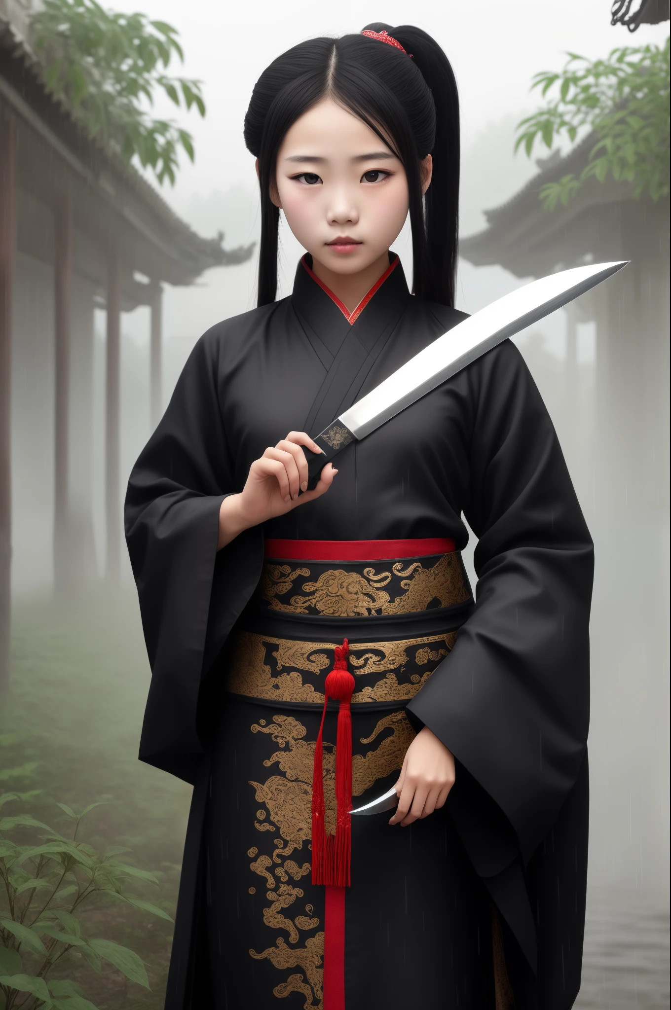 Heavy rain weather,A girl with a delicate face,Cover your eyes with black cloth,Wearing armor,Red and murderous eyes,High ponytail,standing in the rain,Silver hair accessories,full bodyesbian,Dressed in black clothes,Holding a seedling knife,Chinese ancient style,extreme hight detail,Splash ink