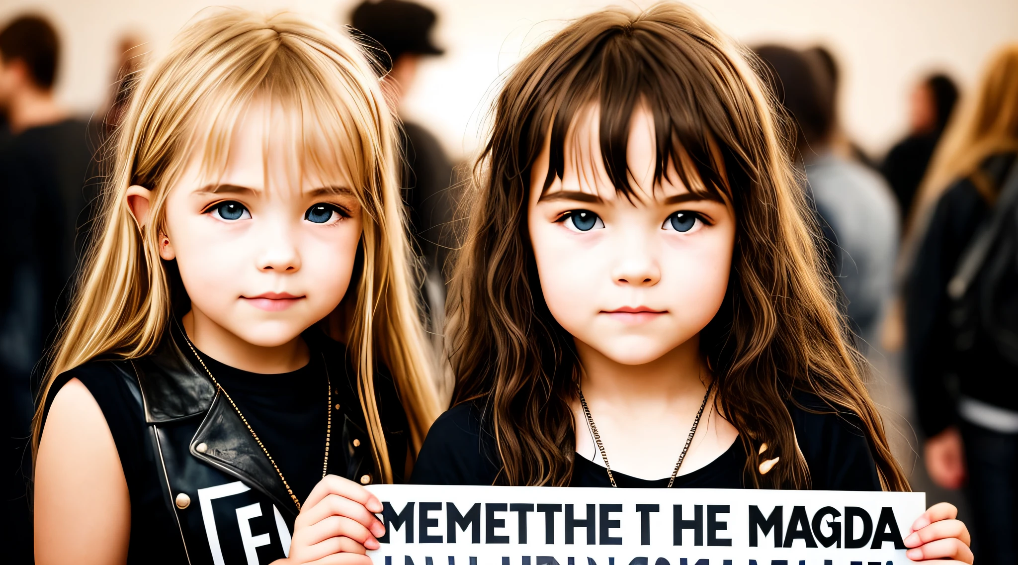 blonde  girl long hair holding a sign that says Metallica, mestre de fantoches, metal pesado!, [ metal ], Michael, muito feliz!, arte magistral, com um brilhante, metal head, feito de metal, metal pesado, completely metallic, he is a rockstar, obra-prima obra de arte.