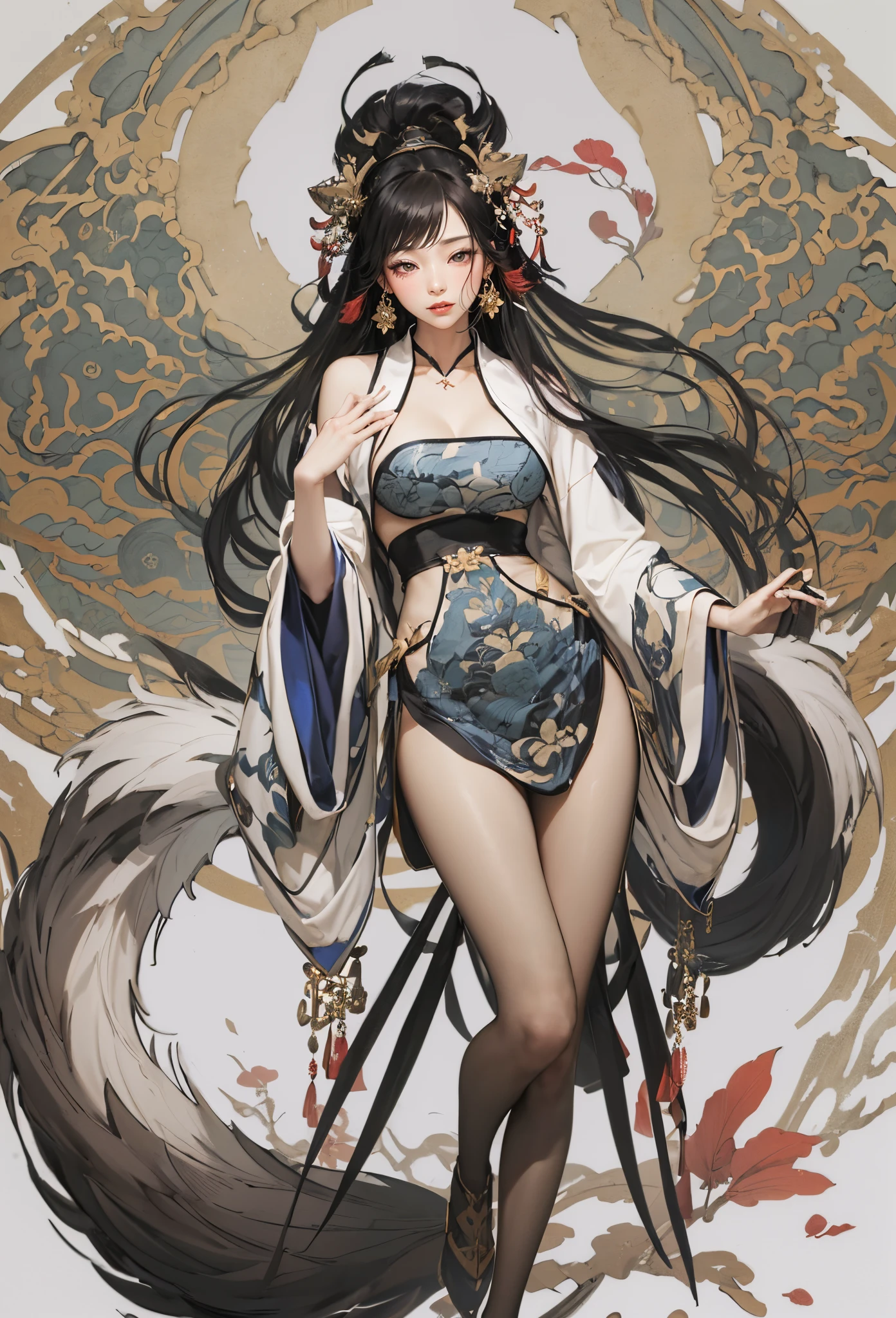 a beauty girl，Mature face，a matural female，Fluffy tail hair，Ultra-loose underwear，clothes slipping off，Anterior convex and posterior，Straight chest，Ruddy complexion，Huge fox tail，nabel，(huge tit)，adventurer，tit，areola of breast，pantiess，Stockings，Human Services Group，((illustrated))，split，((Chinese tradition))，(pantiess)，(Prostitutes)，(Raised sexy)