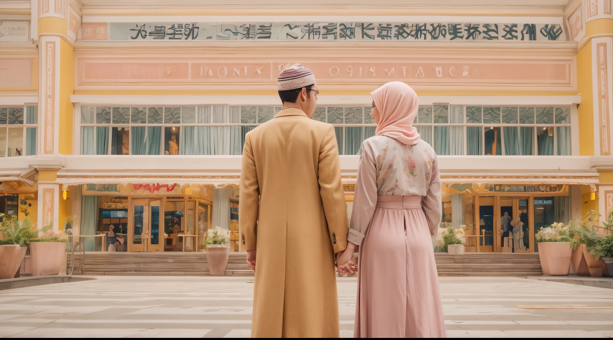 Quirky scene | Symmetrical framing | Nostalgia | Vintage mall | 1 Malay girl in hijab and 1 malay man as a couple outside a mall happily | infront of a mall view | Pastel colors | in the style of Grand Budapest Hotel directed by Wes Anderson , 50mm lense, establish shot camera angle, High Contrast cinematography effect, Natural Lighting, pastel color grading, high quality, ultra detail, 8k resolution,