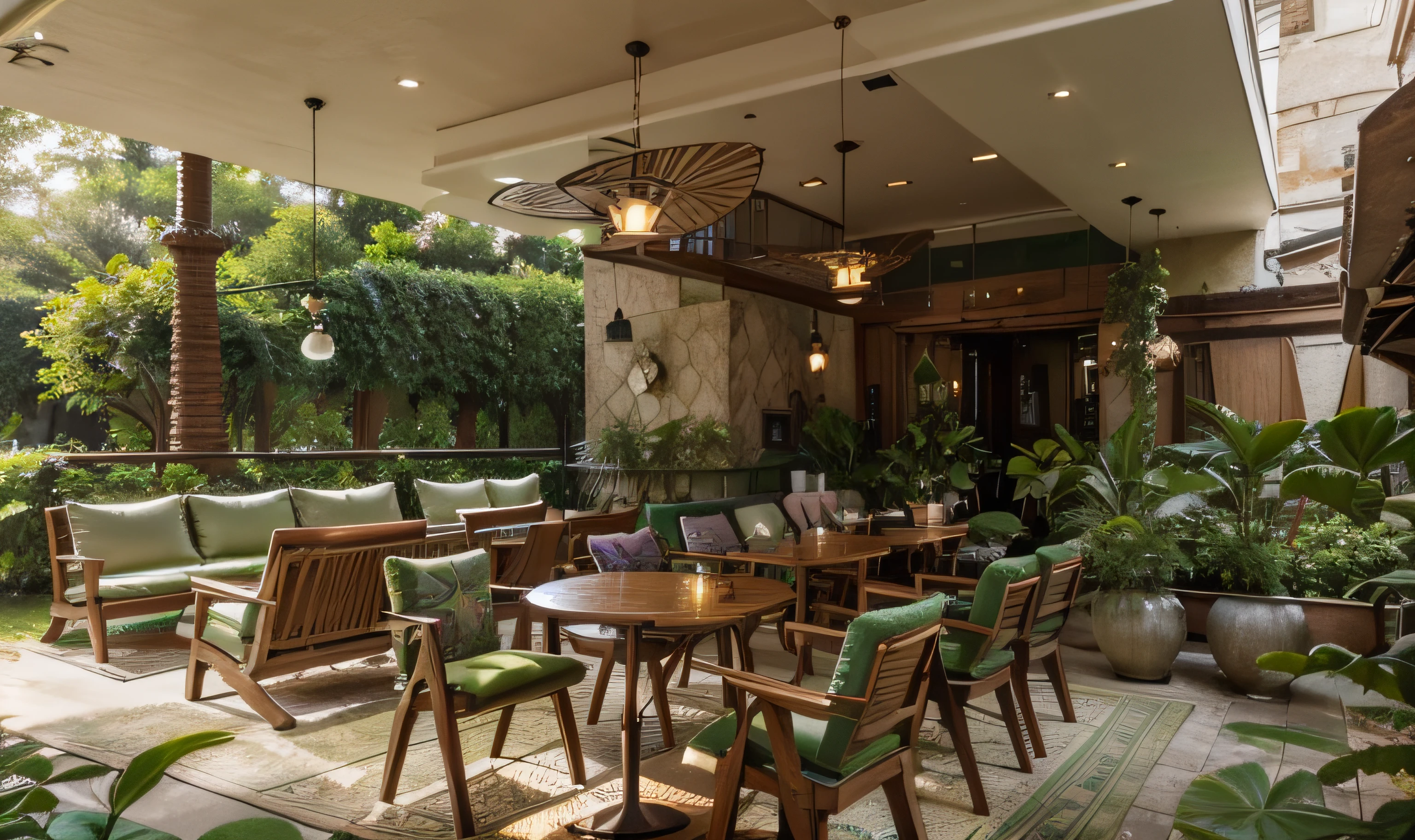 The exterior and interior design of the traditional-style café, combining the deep jewel tone of emerald green with classic pastel colors, warm wood tones, gold accents complementing earthy hues, patterned fabrics, along with an open and nature-integrated outdoor space, can be described as follows: The café's exterior showcases an expansive layout that seamlessly integrates with nature. Visitors are greeted by a vast outdoor space, its walls adorned with sophisticated emerald green patterns. Outdoor furniture made from warm woods like oak or cherry creates a relaxed ambiance, connecting patrons with the surrounding natural environment. Emerald green and classic pastel hues are employed in the interior décor, creating artistic and refined focal points within the café. Walls might feature the richness of emerald green, while smaller details like pendant lights, cushions, or wall art may incorporate classic pastel shades such as soft pink, light blue, or gentle green, fostering a sense of balance and warmth. Warm wood tones are extensively used in the interior, from sofas to chairs and various decorative elements. Oak, cherry, or mahogany woods impart a natural and rustic beauty, contributing to a cozy and traditional atmosphere. Gold accents combined with earthy tones like terracotta, saffron yellow, or olive green could be present in decorative elements like lamp bases, door handles, or mirror frames. This blending creates a touch of opulence and classicism in the space. Patterned fabrics featuring floral designs, paisley, damask, or toile are employed throughout the interior, adorning curtains, decorative pillows, and sofa upholstery, adding richness and allure to the café's interior. The spacious and nature-immersed outdoor area incorporates lush greenery, small gardens, or strategically placed plants, evoking a sense of tranquility and closeness to nature. This allows customers to savor their coffee in a serene and relaxing environment.