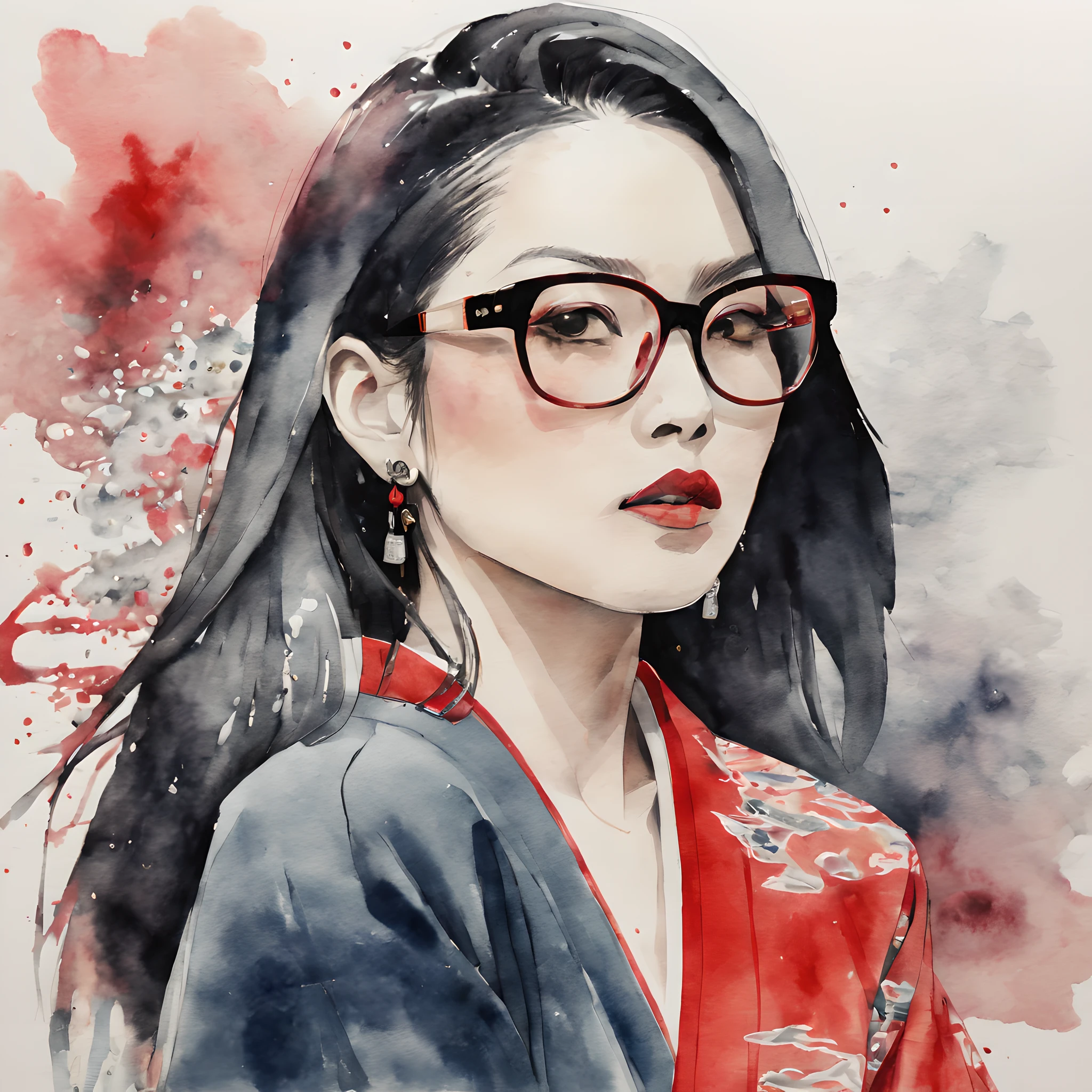 (Portraite Theme:1.5),(Brave:1.5),(Brave challenge:1.5),(back shot:1.5), (ink and watercolor painting:1.5), (Tasteful:1.5), (ink and watercolor painting:1.5), (full color:1.5), 8k, 4k, (Yakuza:1.5), (mafia:1.5), (Portrait:1.5), (face_close_up:1.5), (face only:1.5), (1girl, solo), a extremely stunning beautiful Japanese Yakuza woman, wearing a red kimono outfit, Japanese clothes, tattoo, silver teeth, Gold Teeth, black straight long hair, Damaged hair, wearing a glasses, (inspiration from mafia movie, yakuza movie, Ren Xia, Battle without Justice),