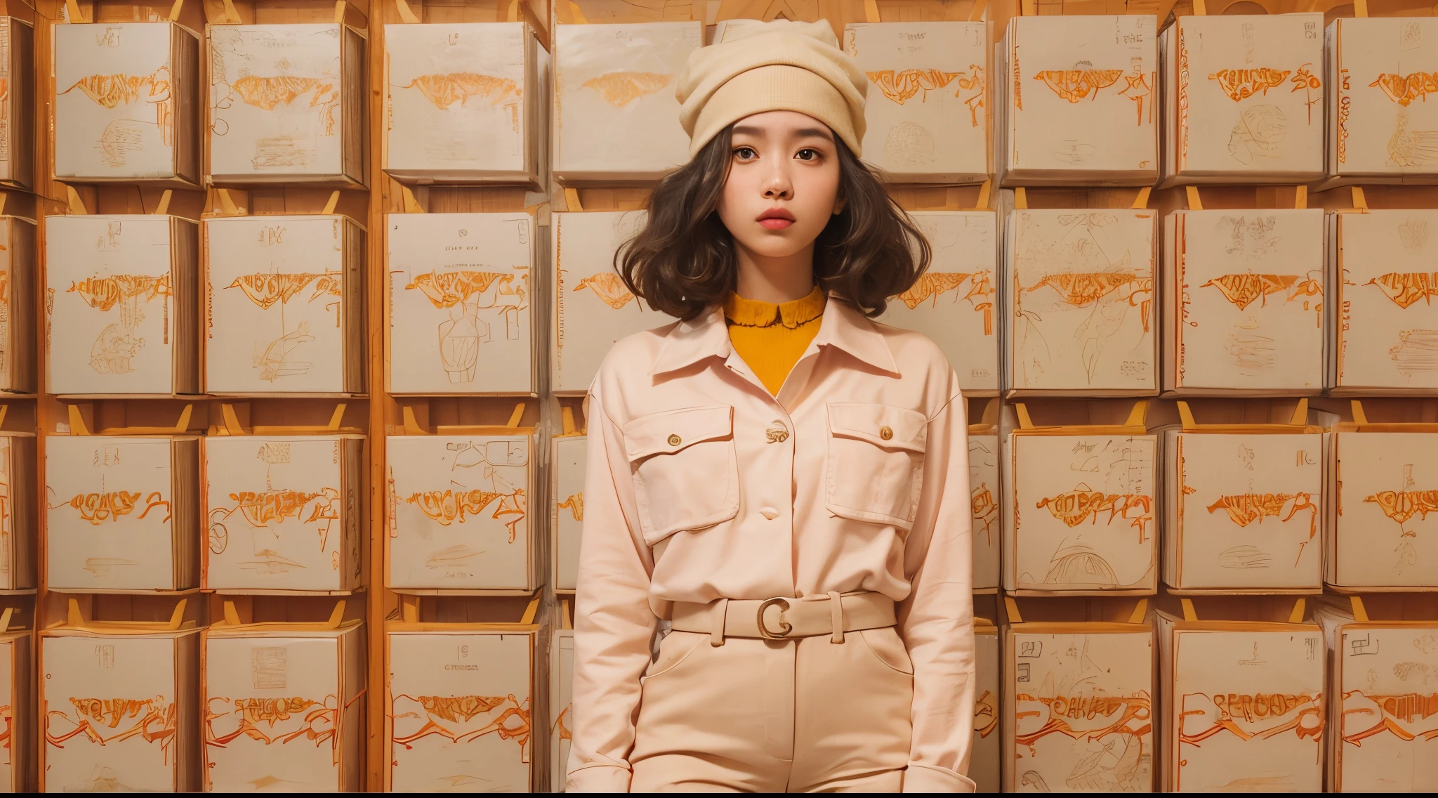 Vogue style photo shoot of malay age girl as character RAMBO from the movie The Royal Tenenbaums pastel colored background in Wes Anderson style, hyper - realistic photography, Wes Anderson style, full body, 8k, close - up shot, close - up photo