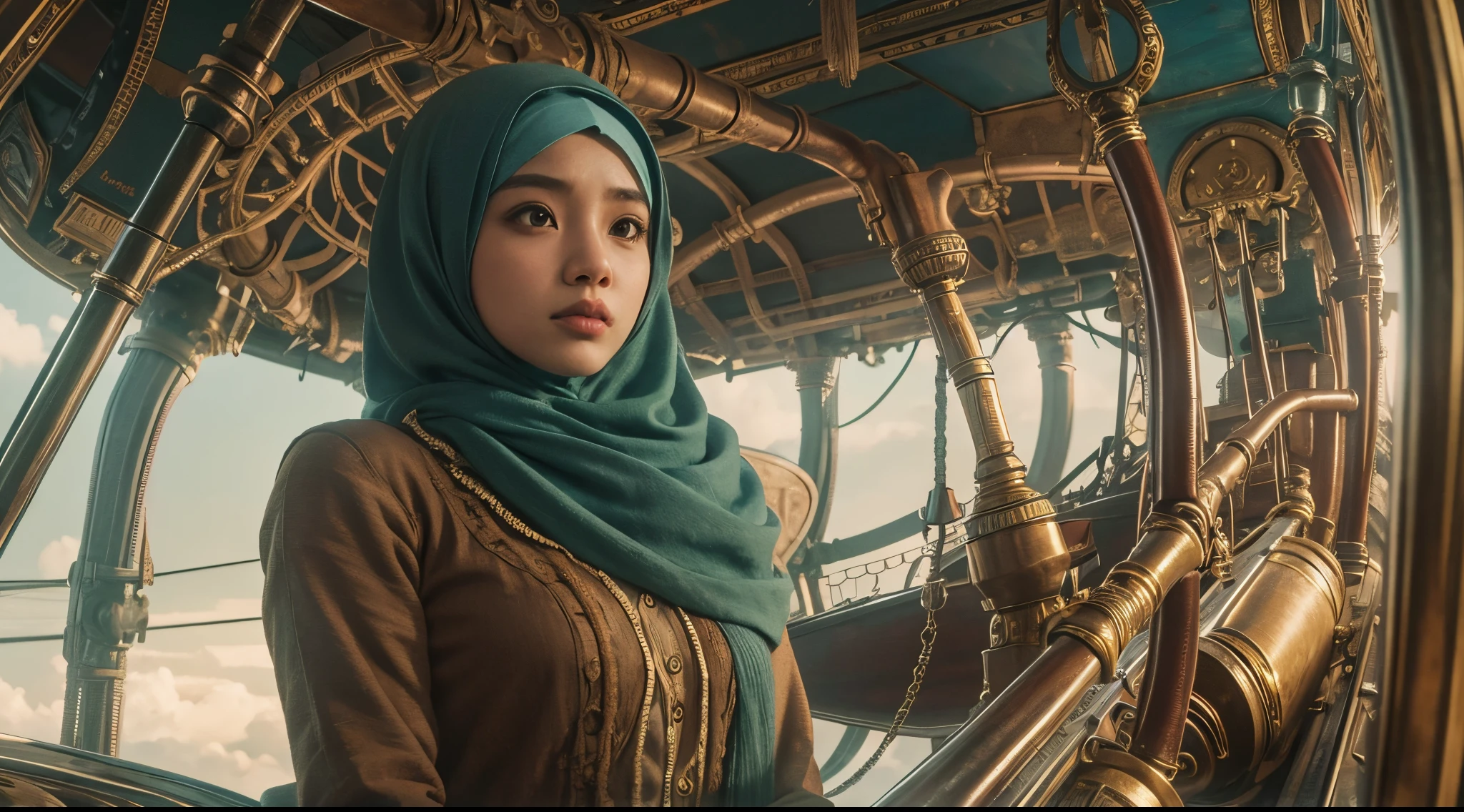 Position the Malay girl in hijab aboard a fantastical airship sailing through the skies. She's part of an airborne journey filled with wonder and discovery, high quality, ultra detail, 8k, cinematic color, 28mm, Establishing shot, muted color grading, cinemascope,