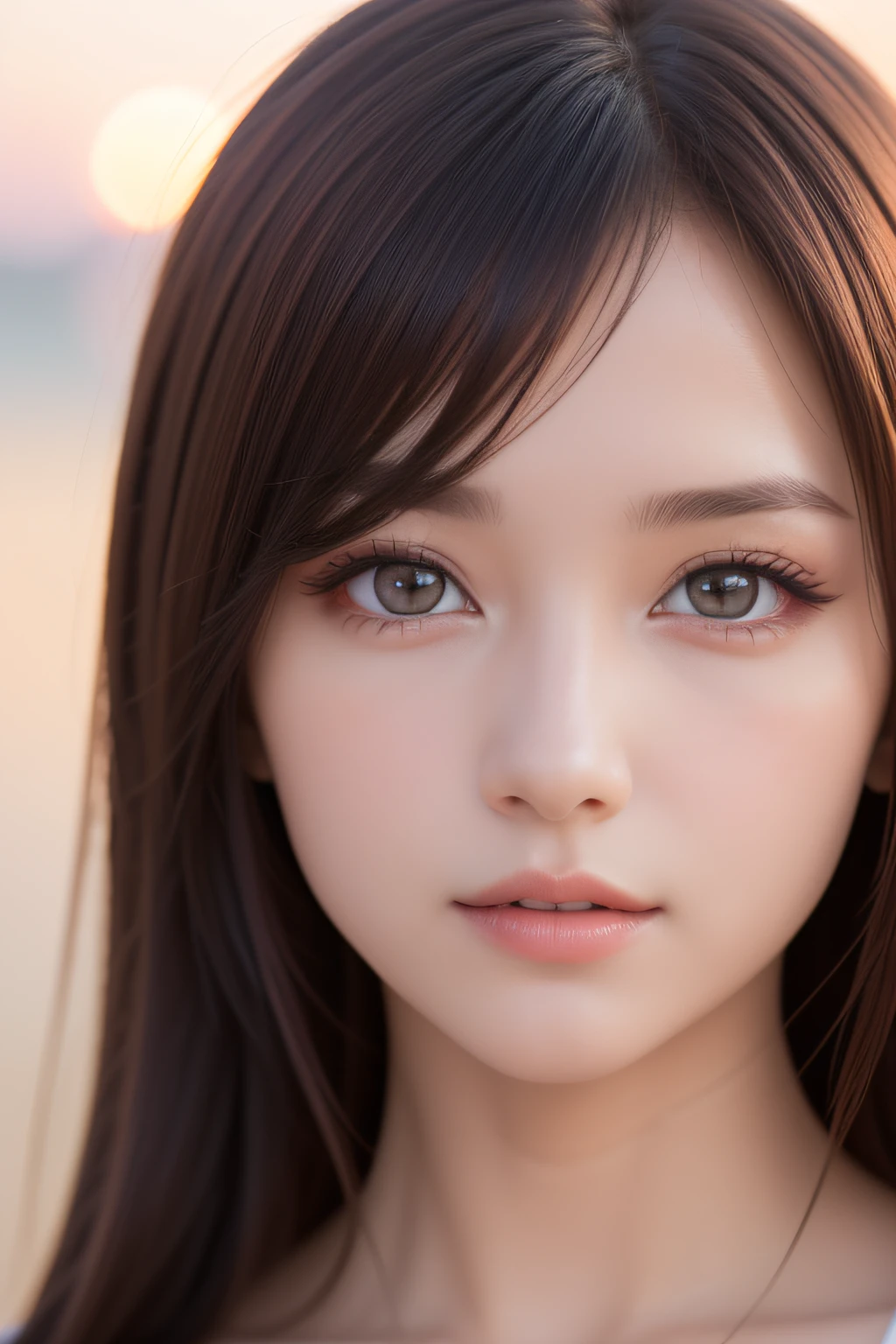 (the most absurd quality perfect eyes), ((natural super beautiful cute sharp-face)), (light pale complexion), ((clear no blur and sharp perfect round realistic brown_eyes:1.25)super detail), finely detailed pupils, detailed lips:1.3, [pink_lipstick:1.3]