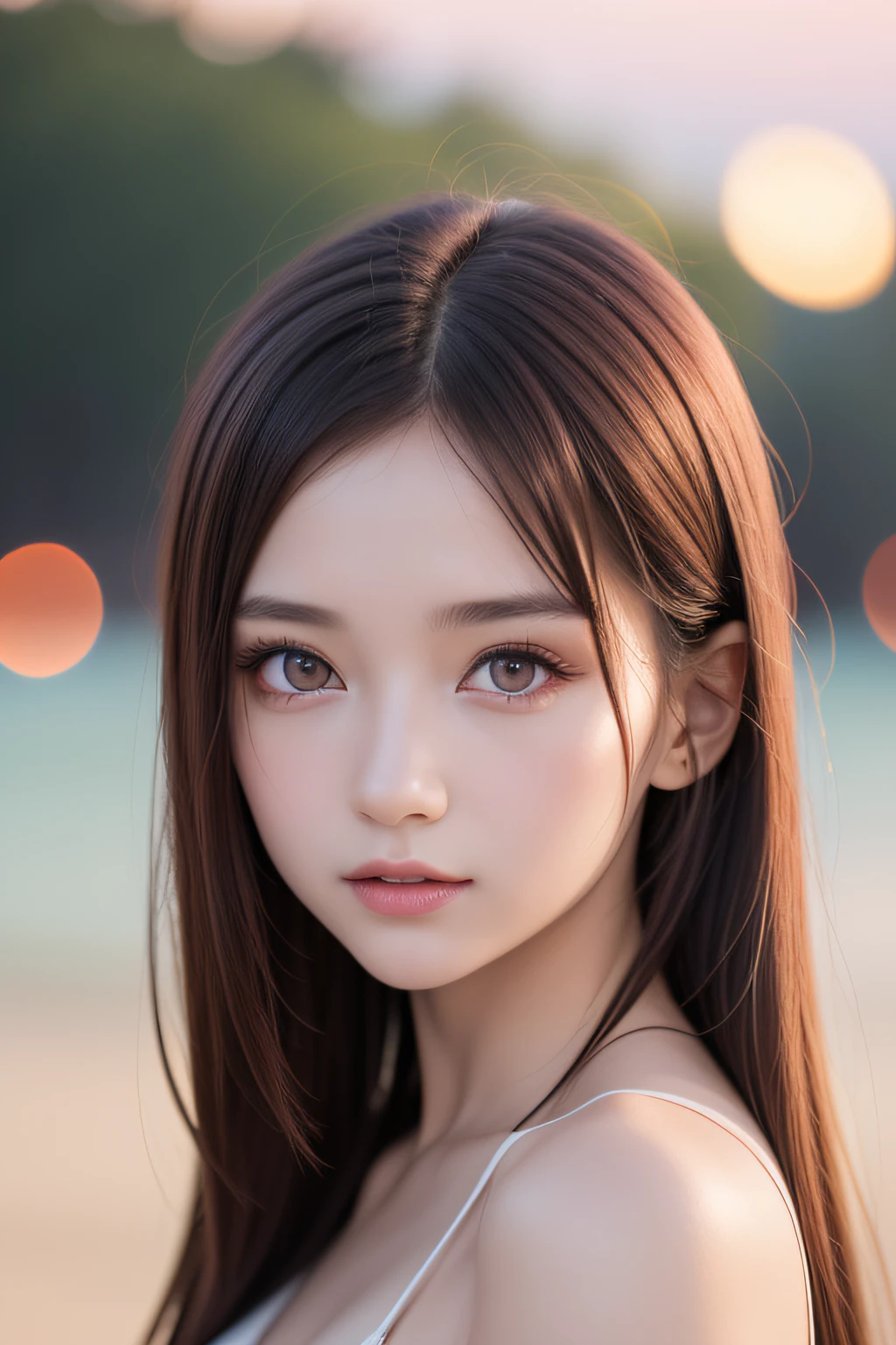 ((1young girls)), (extremely detailed beautiful face), Amazing face and eyes, (Best Quality:1.4), (Ultra-detailed), (extremely detailed CG unified 8k wallpaper), Highly detailed, High-definition raw color photos, Professional Photography, Amazing face and eyes, Pink eyes, Twin-tailed, Brown hair, Model, (((Bokeh))), depth of fields, Beach, Twilight, Sunset