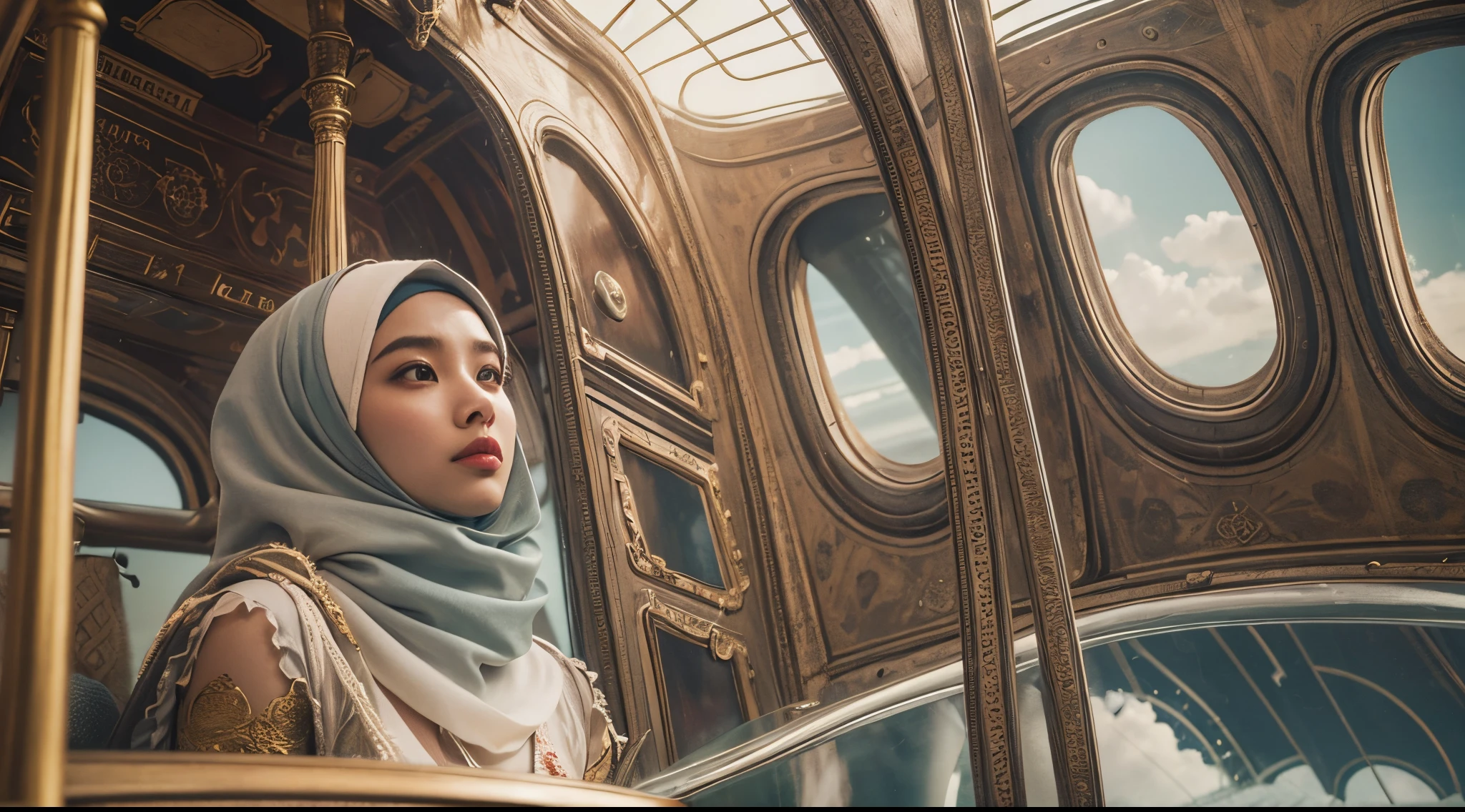 Position the Malay girl in hijab aboard a fantastical airship sailing through the skies. She's part of an airborne journey filled with wonder and discovery,  high quality, ultra detail, 8k, cinematic color, 28mm, Establishing shot, muted color grading, cinemascope,