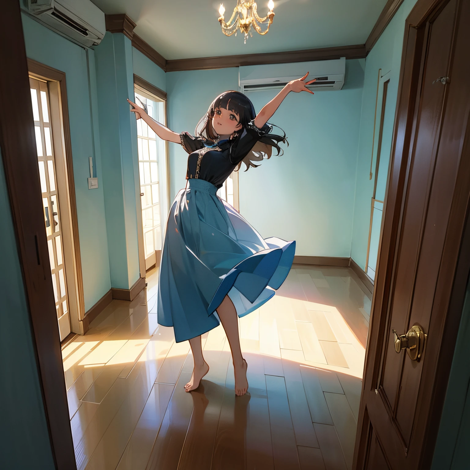Estilo anime, jovem vestindo apenas only calcinha e sutien branca transparent, she&#39;s dancing barefoot in her room with closed doors, mas janelas abertas, cartazes de bandas de rock nas paredes, aparelho de som ao lado da cama