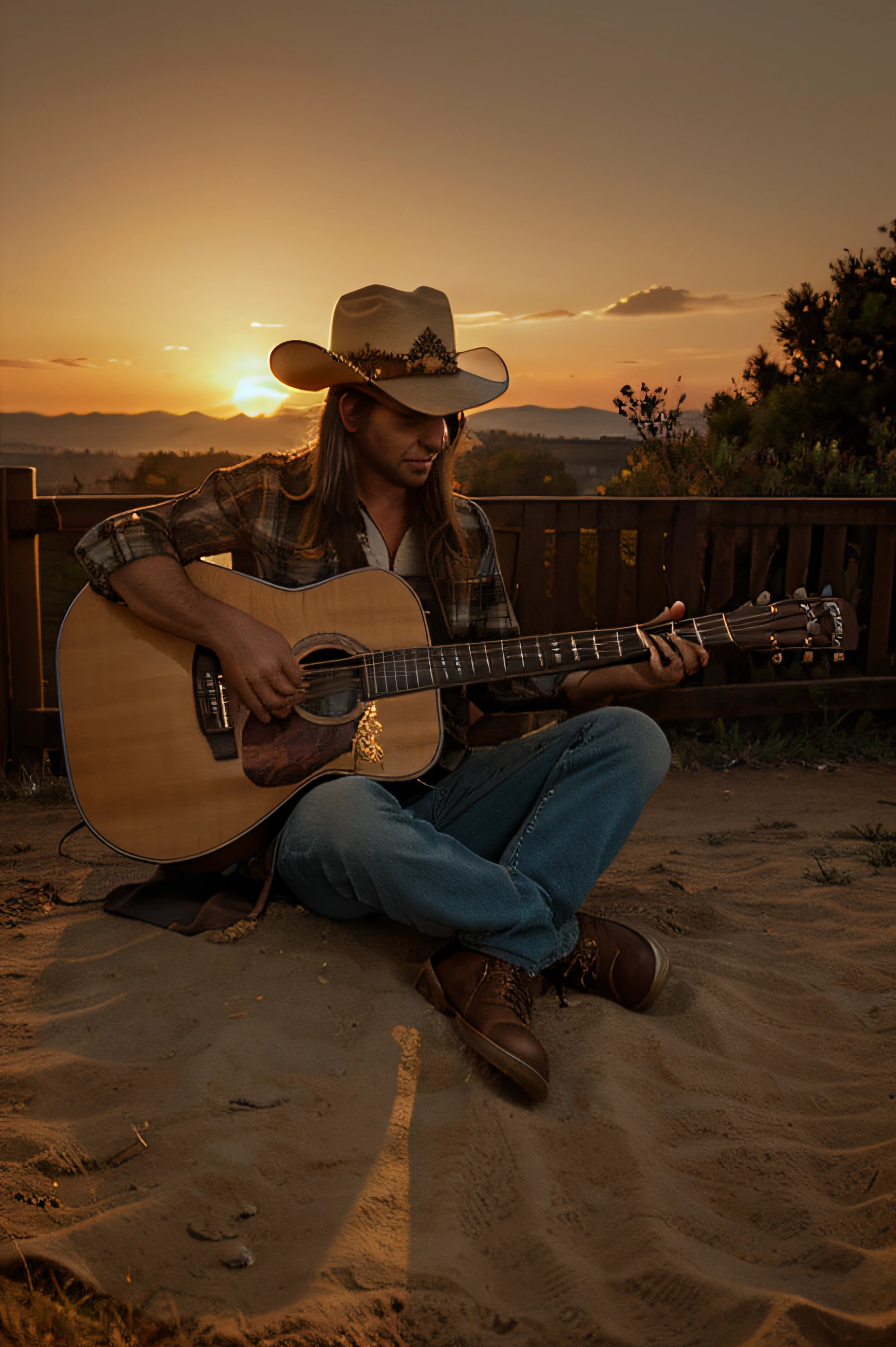 guitar and cowboy hat, detailed sunset, tons vibrantes, golden hour lighting.