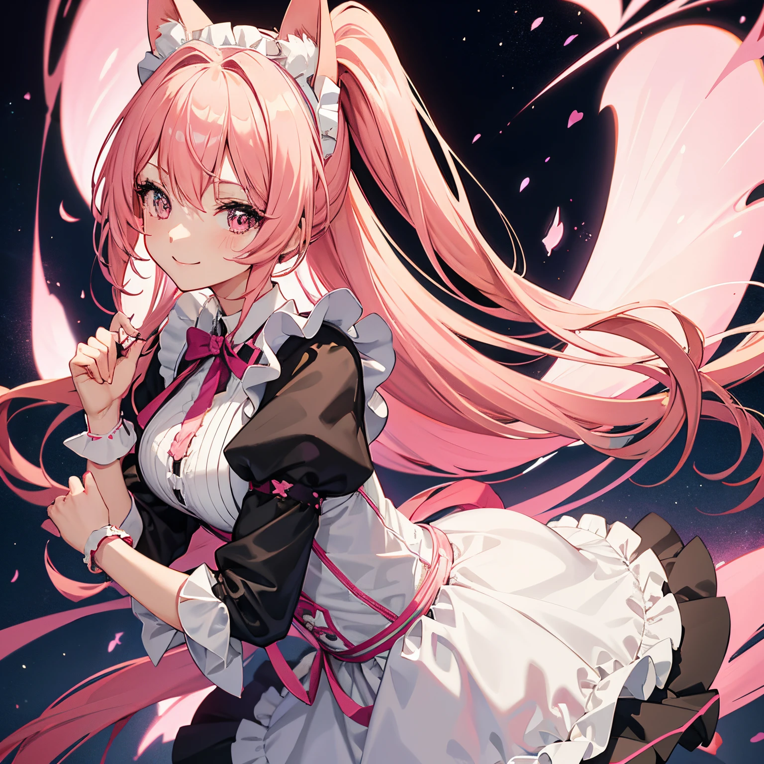 "anime girl, 1 person, pink hair, pink cat ears, pink eyes, maid outfit, maid, with twin takana swords on her back, takana sword, black women's open-shoulder jacket, black dress, big breasts, smile triumphant, solo, frontal view .(full HD 4K+ image )"