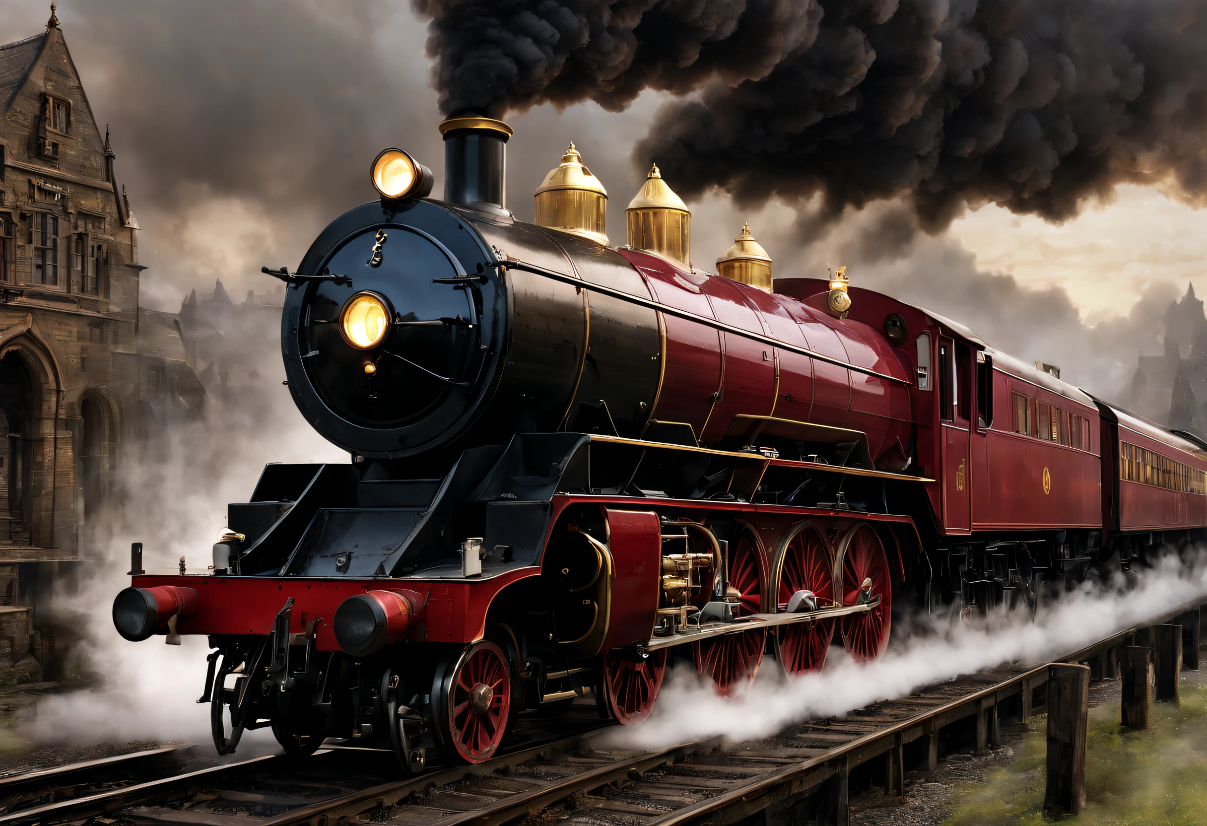 ultra-realistic realism, romanticism lain, scientism，mistic，Thriller，Ray traching, atmosphric perspective, in a panoramic view, wide angles, Sony FE masterpiece, , high detal, high high quality, Award-Awarded, Best quality at best, A high resolution, 8K， 
（Hogwarts Express），It consists of a group of scarlet steam locomotives，Each carriage is made of dark oak，Carved windows，Brass door catch，There are gilded words on the roof.，spell out &cite;Hogwarts Express&cite;，There are iron corridors connecting the carriages.，The corridor is covered with the brightest red carpet，Steam locomotive smoke fills the cold morning，Give people a hazy feeling、mystical feeling。 when the train comes into the station，Its whistle can cheer people up，Trains have also been described as having a soul of their own，It wakes up sleeping passengers at a specific time，Lead them to their destiny。This is a description of what the Hogwarts Express looks like，tas&#39;not just a train，It&#39;s more of a symbol，Symbols that lead students into the mysterious and dangerous world of magic。