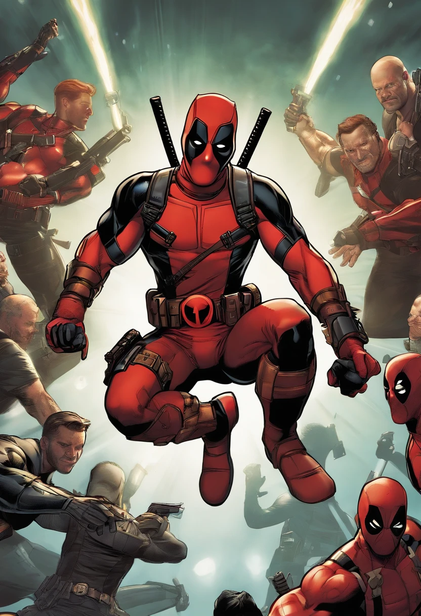 Deadpool playing a game of laser tag with a group of superheroes,Deadpool,Deadpool, the unconventional anti-hero from Marvel Comics, is known for his distinctive red and black suit, complete with a mask that covers his entire face, hiding his disfigured skin caused by advanced cancer and experimental healing factor. His appearance is athletic and agile, suitable for his acrobatic fighting style.