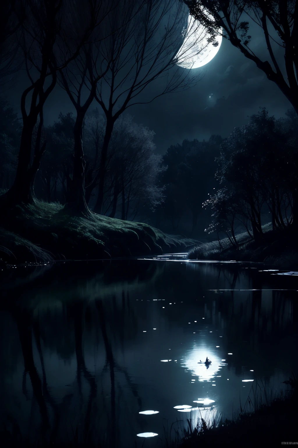 dark fantasy trees, pond, moonlight, eerie and gentle glow of fairies, shadows, silent cries of lost souls fill the night, dark fantasy art, dark fantasy world.