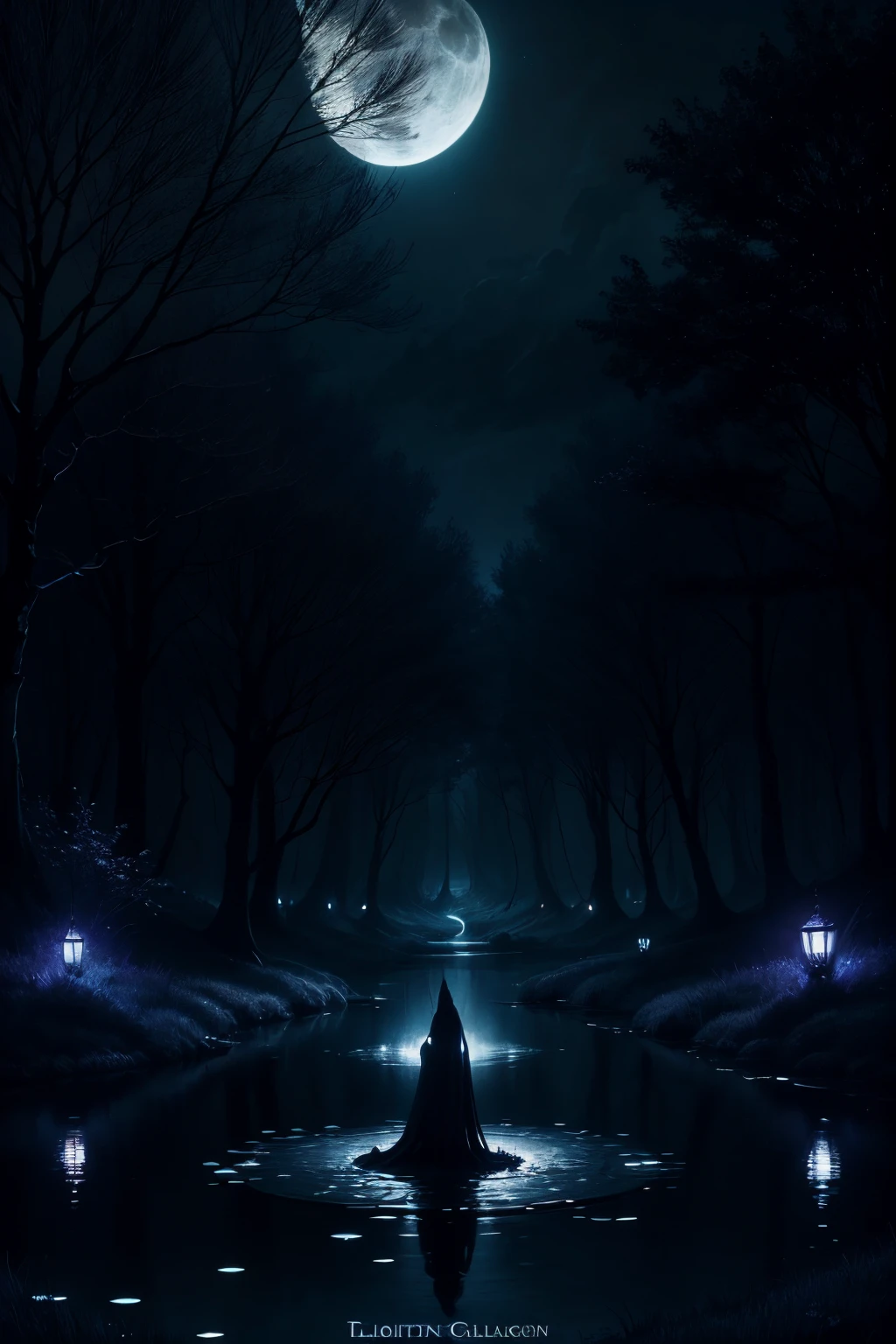 dark fantasy trees, pond, moonlight, eerie and gentle glow of fairies, shadows, silent cries of lost souls fill the night, dark fantasy art, dark fantasy world.