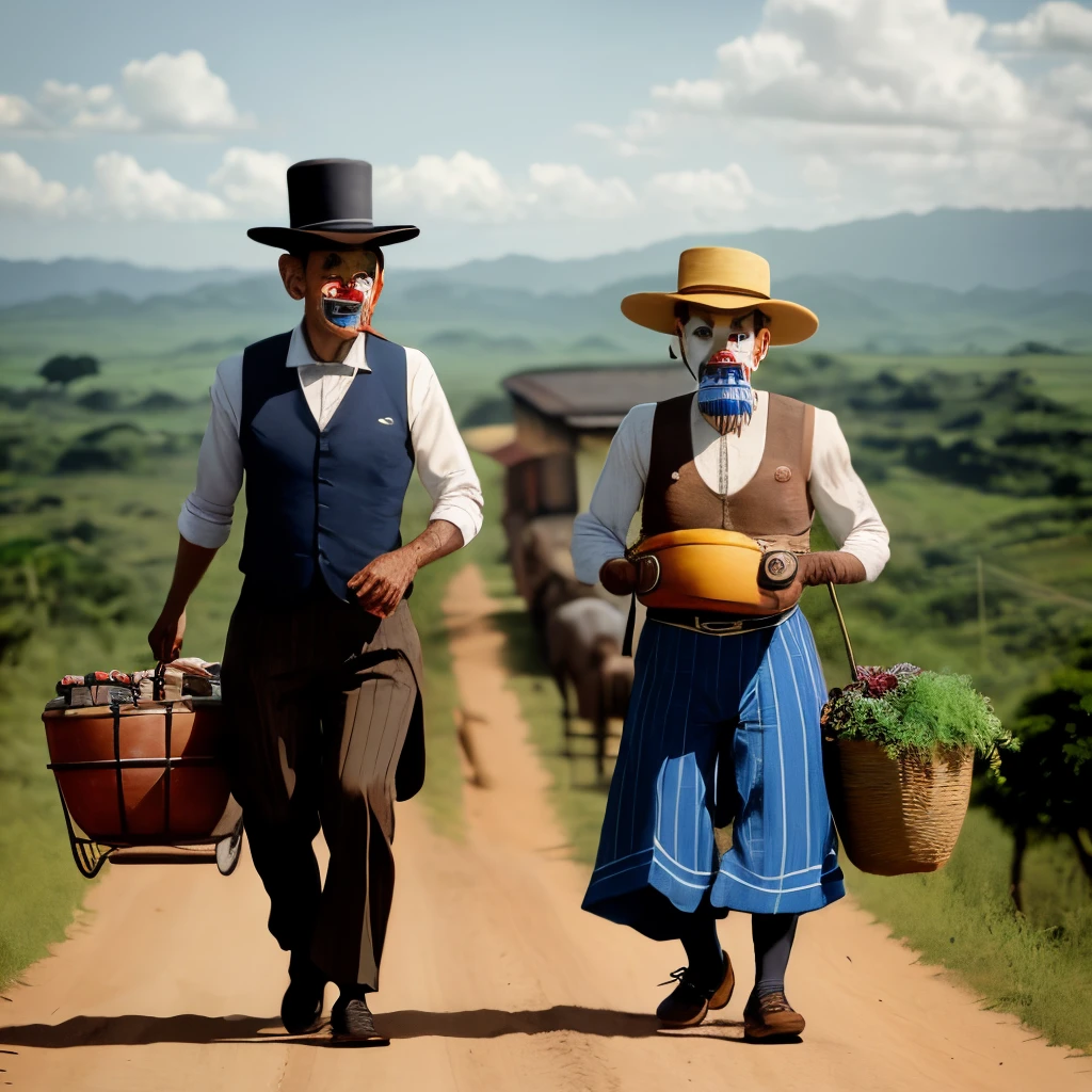 two male characters wearing cearense style bowler hat, from the northeastern hinterland in earthy tones,  with clown makeup, pulling a small dry tree on a cart, a character is tall, the other is short and plays a small accordion, uma cena igual a "esperando godot" the environment is the hinterland of the Canudos war, bahia, Brasil