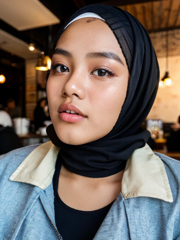 A picture of indonesian girl, stunning gorgeous face, (big breasts), wears hijab, wears cropped jacket, in a cafe, intricate details, vivid color, (high resolution), masterpiece, soft diffused lighting, best quality