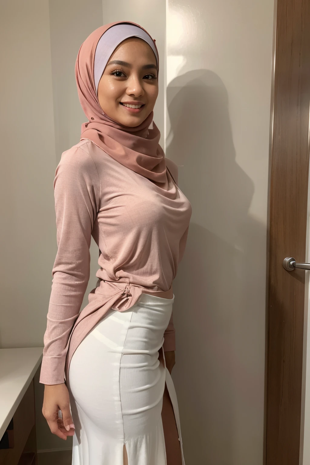 RAW, Best quality, high resolution, masterpiece: 1.3, 1 beautiful Malay woman in hijab, big gorgeous eyes, smiling, wearing loose long sleeve blouse and really tight long skirt, cut side skirt showing 1 thigh, full covered, in changing room, Excellent lighting, Bright colors, Clean lines, full body shot, camera angle from the side of the body.