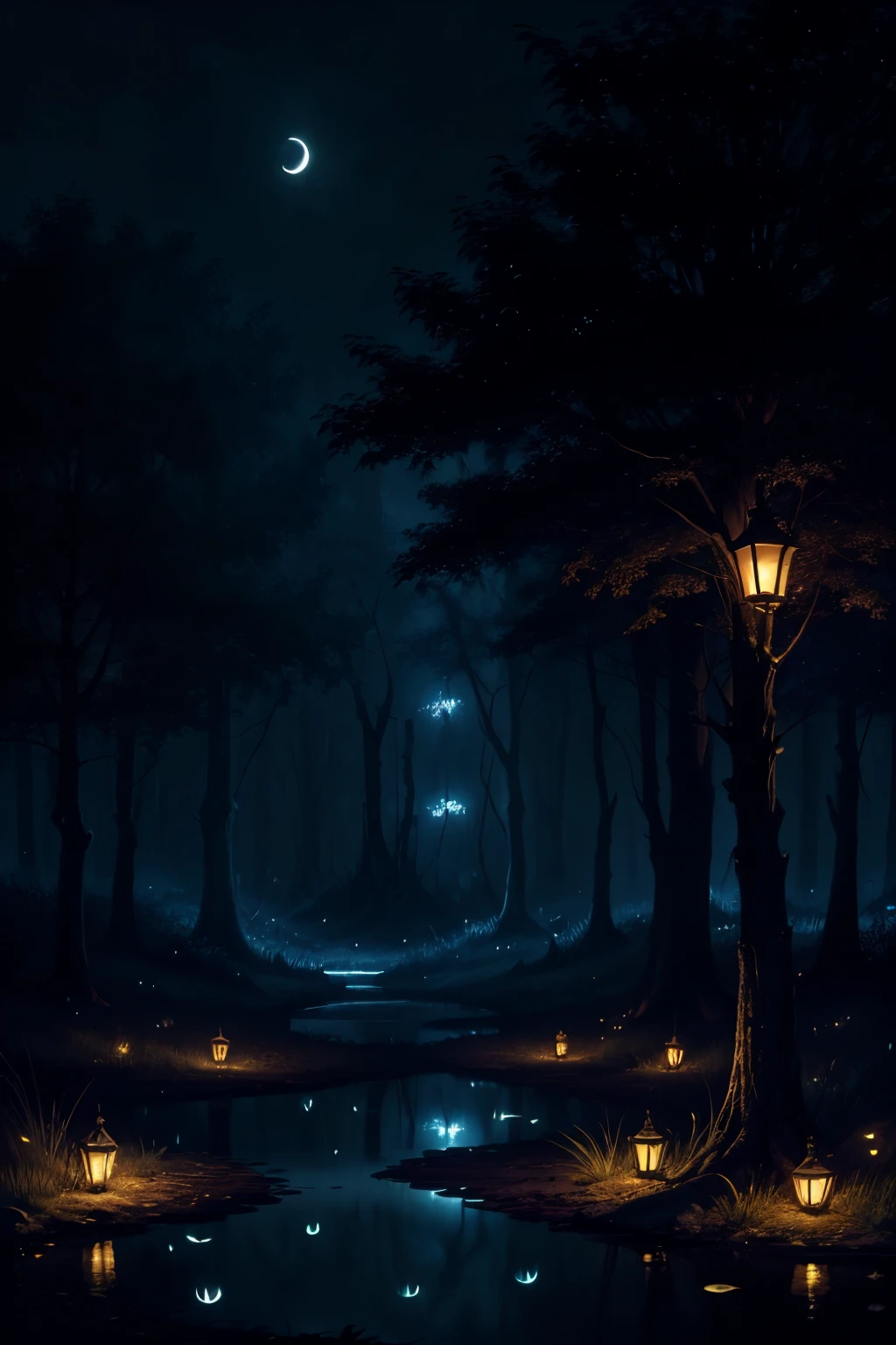 dark fantasy trees, pond, moonlight, fireflies, fireflies, eerie and gentle glow of fairies, shadows, silent cries of lost souls fill the night, dark fantasy art, dark fantasy world.