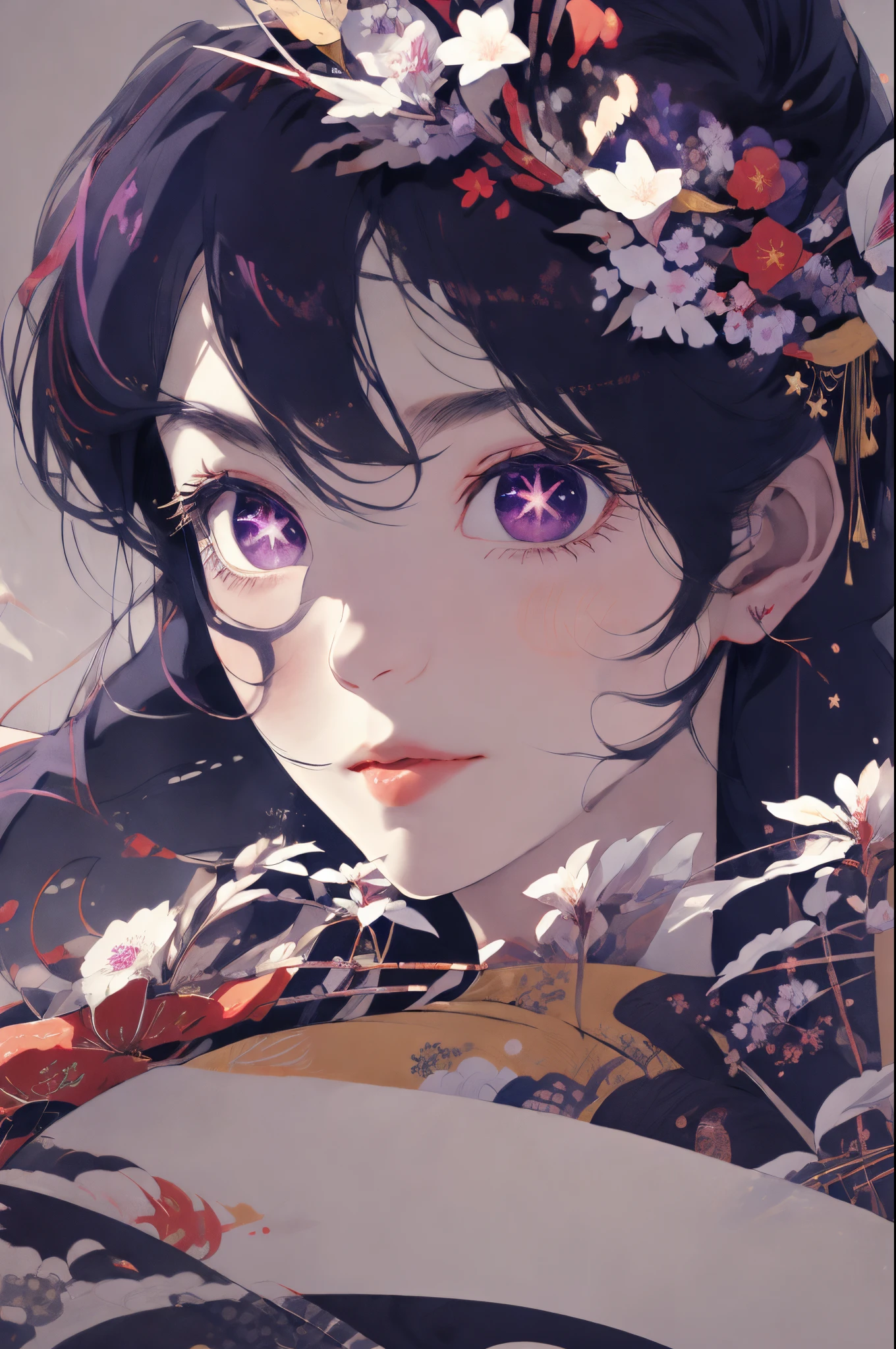 (masterpiece:1.2), best quality, Hoshino Ai, long hair, purple hair, streaked hair ,purple eyes, star-shaped pupils, hair ornament, on a stange singing infron a large crowd  
Chinese ink painting,ink wash painting,