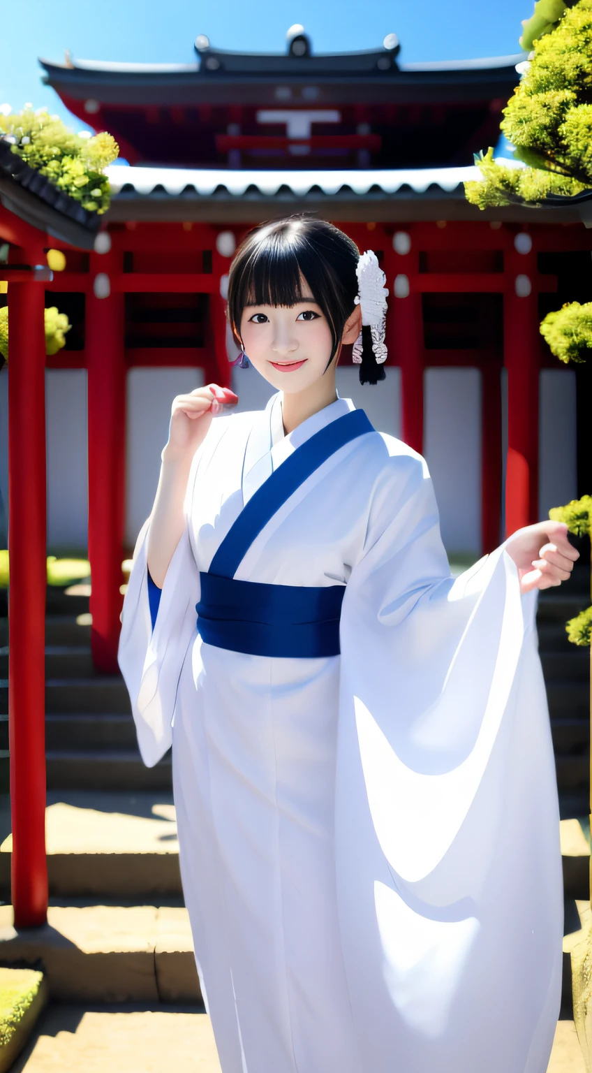 hightquality、masterpiece、ultra res、a beauty girl、cute girl face、temple、shrine maiden、Wearing priestess clothes、full body Esbian、Famous actresses of Japan、Very beautiful face、realisitic、Precincts of Japan Shrine、25-years old、femele、Light in the eyes、big eye、Looking at the camera