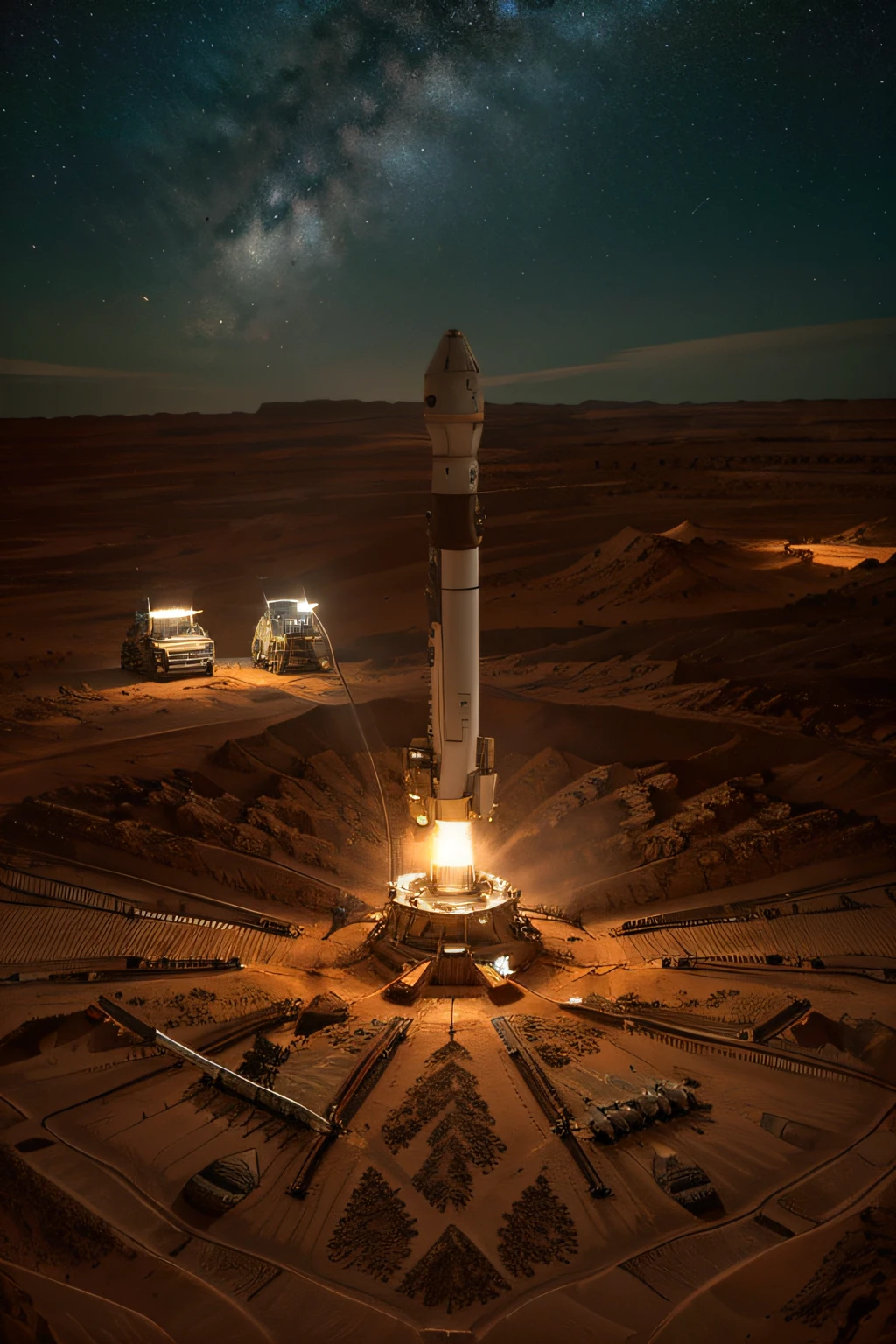 On Mars, a huge cutting-edge drilling machine is at work. The Martian ground is dotted with metallic texture and many mining workers. Bright pictures, different machines, starry sky, daytime, digging into large mechanical details, super wide angle, bird's eye view, high reality, light and dark