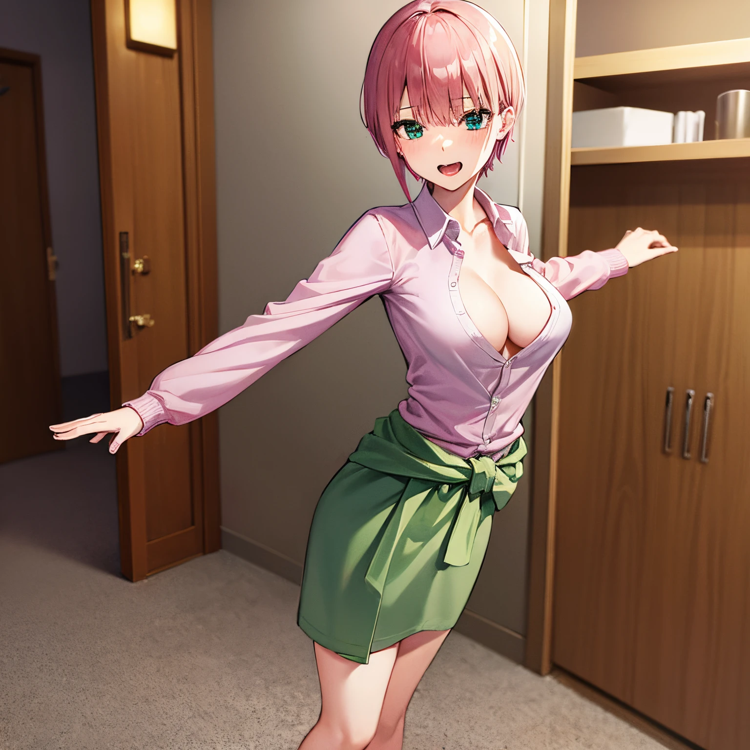 2d, masterpiece, best quality, breast cleavage, anime, highly detailed, 1girl, solo, full body, nakano ichika, open mouth, evil smile, saliva, pink hair, short hair, open clothes, cardigan around waist, blazer, collared shirt, green skirt:1.4, standing, straight-on, white back, hotel room background,