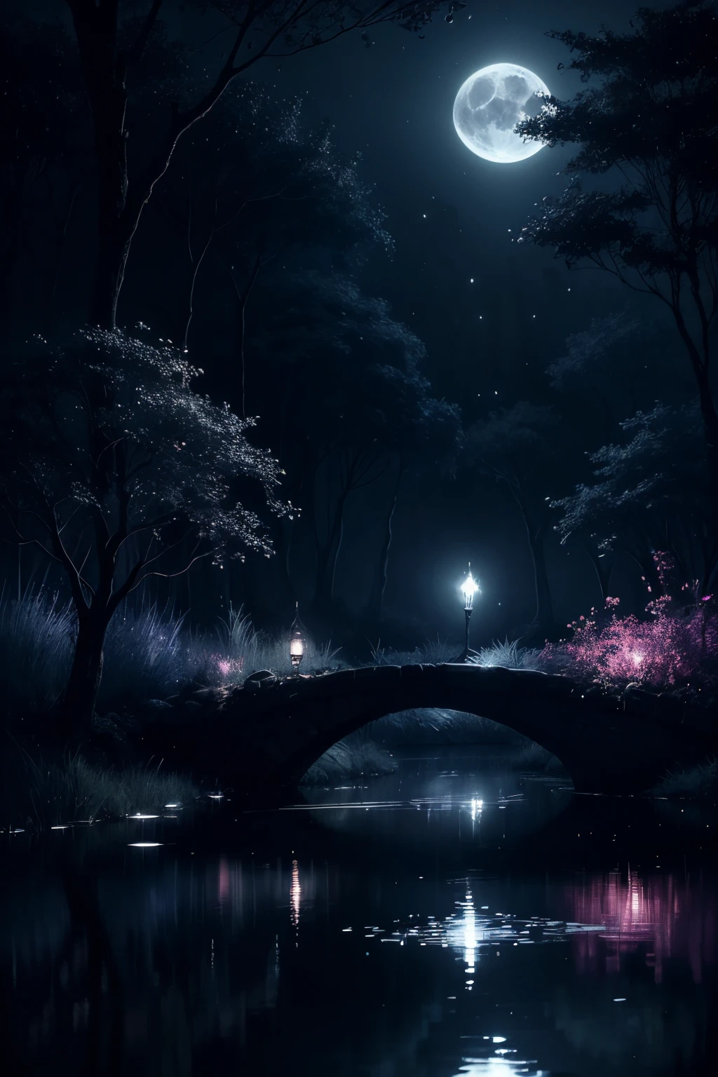 dark fantasy trees, pond, moonlight, fireflies, glowing silver fish, eerie and gentle glow of fairies, shadows, silent cries of lost souls fill the night, dark fantasy art, dark fantasy world.