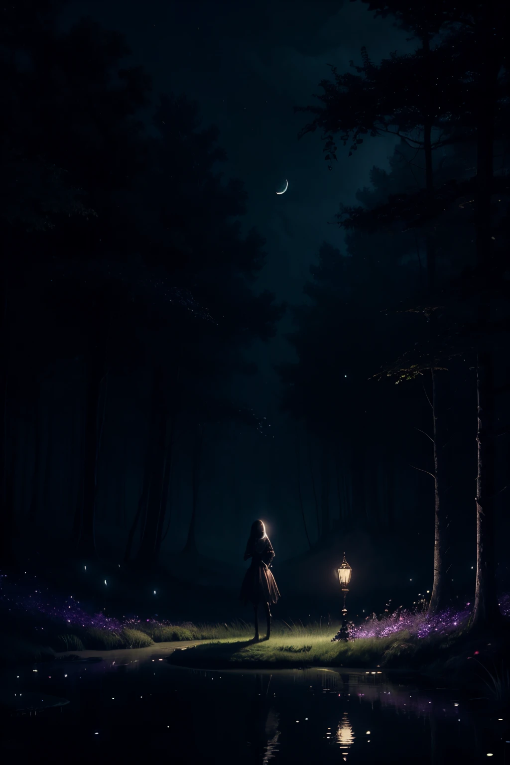 dark fantasy trees, pond, moonlight, fireflies, fireflies, eerie and gentle glow of fairies, shadows, silent cries of lost souls fill the night, dark fantasy art, dark fantasy world.