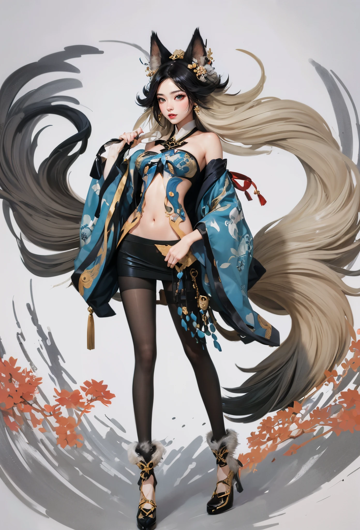 Step into the realm of traditional Chinese art with this prompt showcasing a traditional Chinese ink painting depicting the latest fashion ensemble for the League of Legends character Ahri. The artist's brushstrokes bring to life a blend of Chinese elegance and the mystical elements of a nine-tailed fox. Ahri stands gracefully in a resplendent form-fitting top adorned with intricate patterns, accentuated by wide billowing sleeves that exude elegance. A plush fur collar adds warmth and sophistication, while sleek leggings accentuate her slender figure. The centerpiece of the outfit is a short skirt formed by nine fox tails, symbolizing Ahri's enchanting nature. Ahri strikes a pose against a solid-colored background, her presence commanding attention as her striking beauty and cultural fusion captivate viewers. This traditional Chinese ink painting celebrates the timeless allure of Chinese aesthetics and the allure of Ahri's newest attire. Created by renowned traditional Chinese ink painter Zhang Daqian,((Best quality)), ((Masterpiece)), ((Realistic)),axial symmetry,anatomy correct,