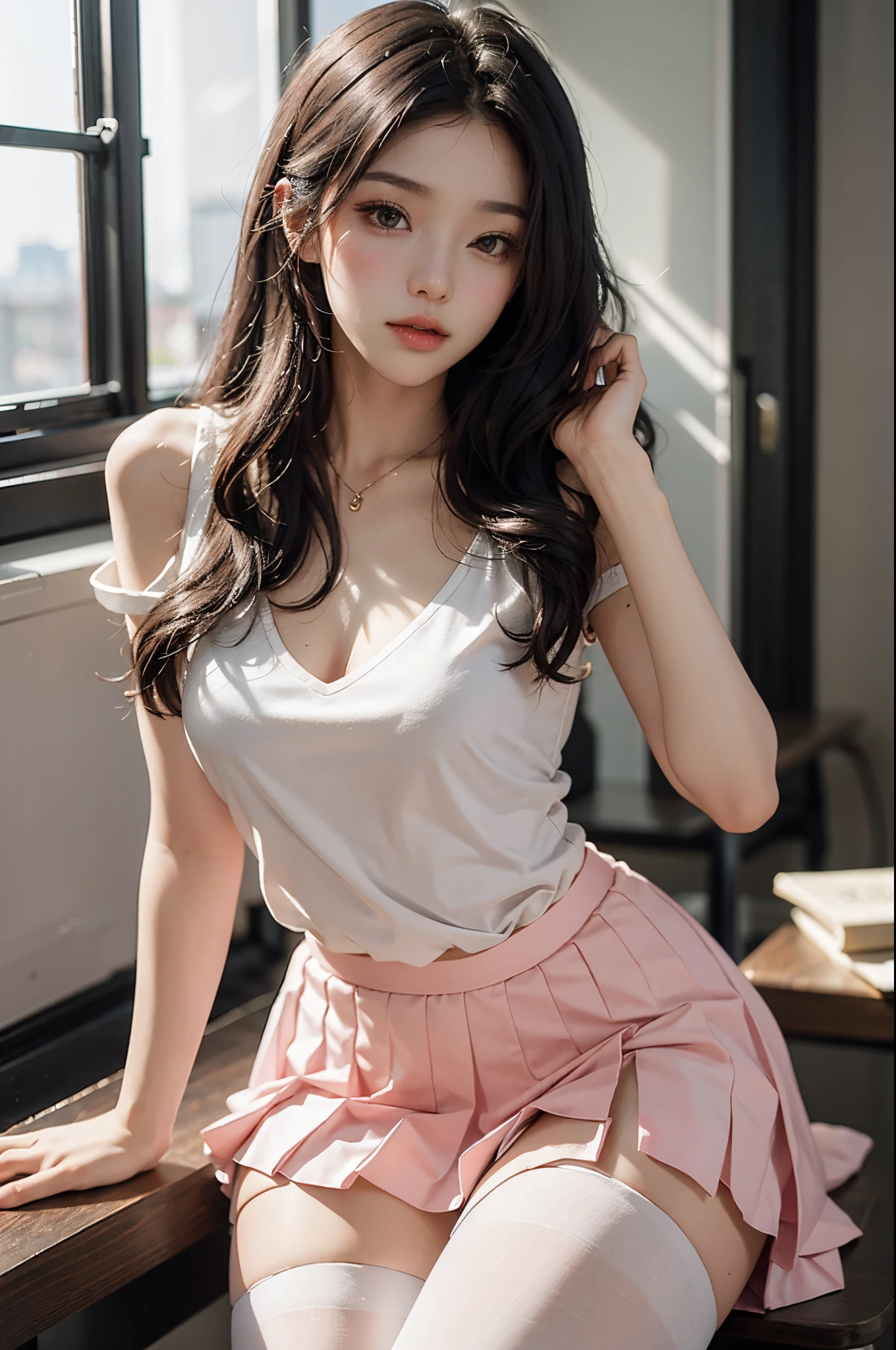 best qualtiy，tmasterpiece，超高分辨率，（fidelity：1.4），RAW photogr，20-year-old sexy model，jk_lure_dress3, Long messy hair，curlies, golden hair, Campus style, black shirt, DEEP-V COLLAR, Bare shoulders, Short pink skirt, white stockings, inside a classroom, Cross ed leg, posing elegantly, posed for photo, Random shooting angle, Surprising detail，The is very detailed, Smooth skin, a warm color palette