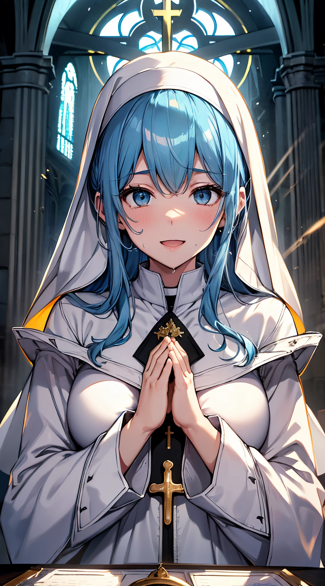 top-quality、supreme１People Girls,hightquality,, ((masuter piece)), ((High resolution)), ((Best Quality)), detail, (cum faced、Excited face.Very happy,), ((Skin shiny with sweat)), (White Nun Uniform:1.2)、 girl with, lightblue hair, (Straight、Bangs Patsun)、Fold your hands in front of your chest and pray:1.5、Kneel、fair white skin:1.3、、Colossal tits, cinmatic lighting, perfectly shaded,(((chapel))), Realistic lighting with shades,