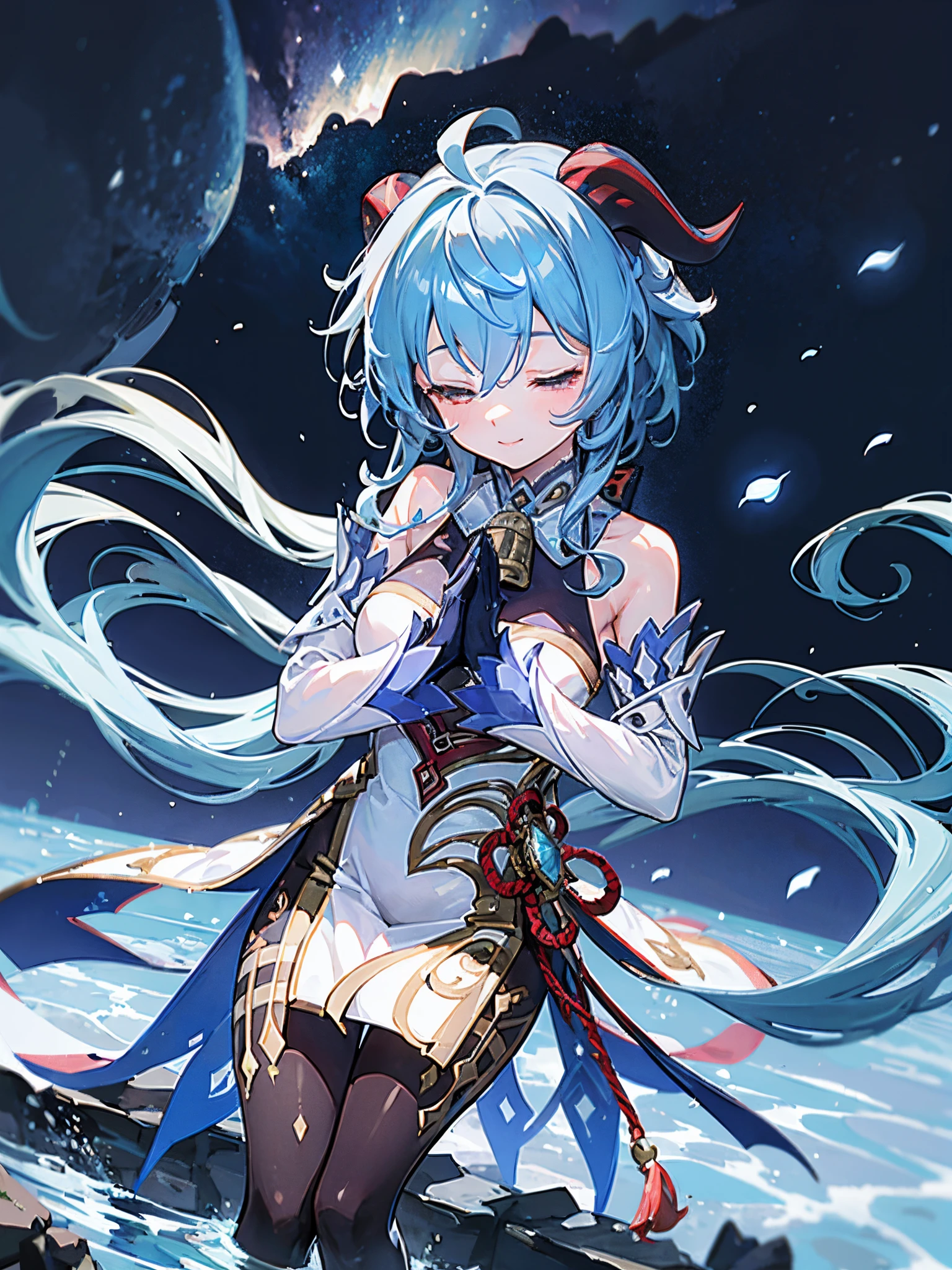Ganyudef, upper body, standing in water, night, starry sky, shooting stars, beautiful sky, (1girl), smile, eyes closed, praying, horns beautiful anime artwork, ultrasharp, masterpiece, high res, 8k, thick thighs
