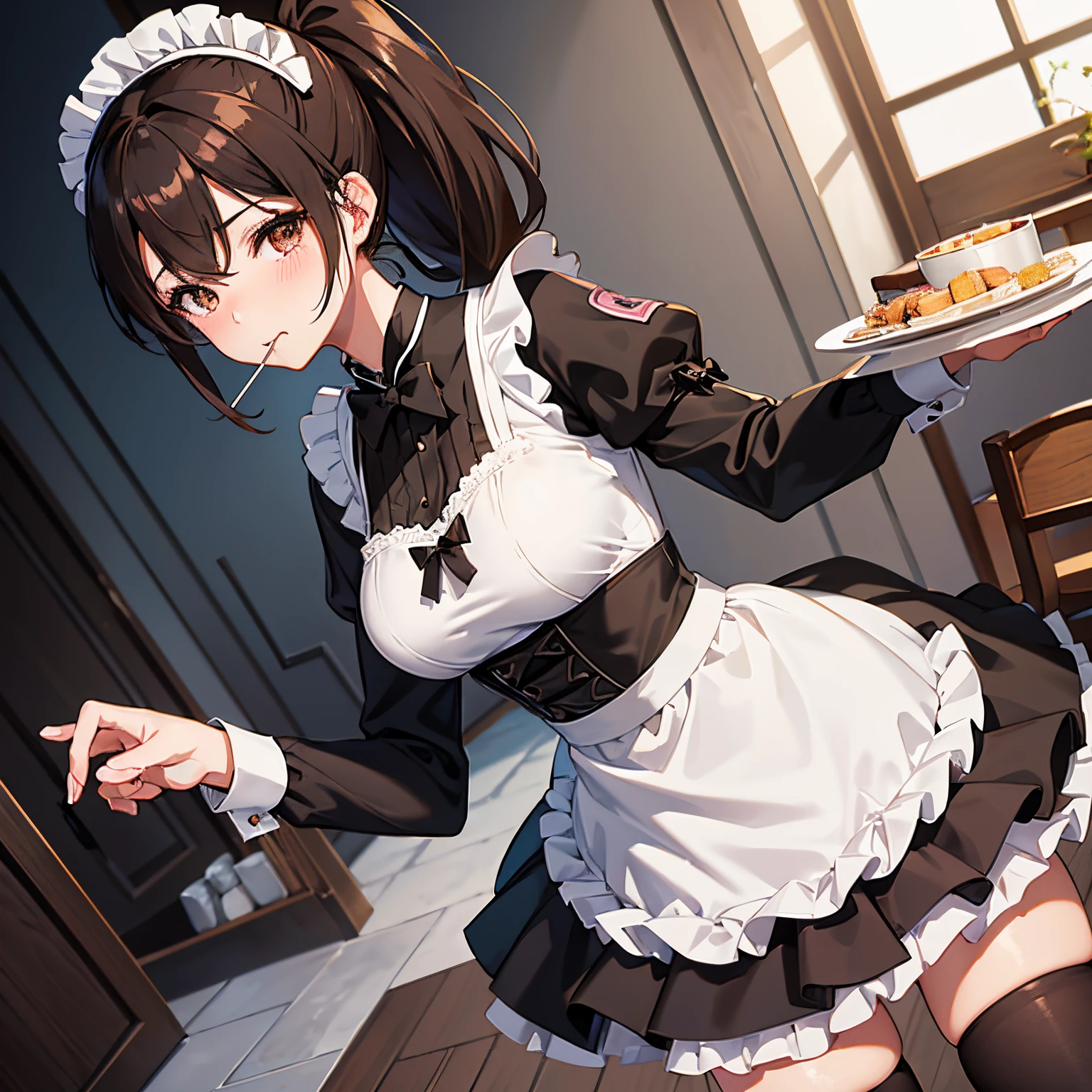 "anime girl, 1 person, dark brown hair, ponytail, ponytail, holding serving tray, brown eyes, lollipop in mouth, maid, maid lolita,lolita, big breasts, blushing,  solo, front view, (full HD 4K+ image )"