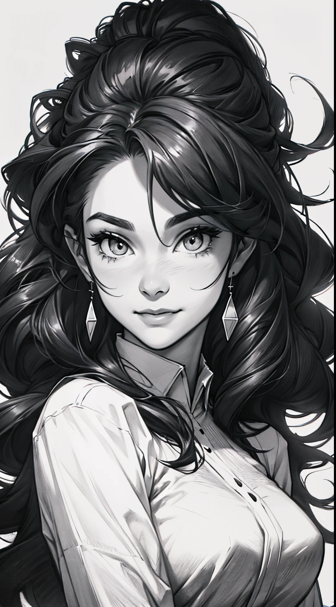 sketching，pencil drawing，Portrait of a Young Woman，longwavy hair，ssmile，Professional Dress，Black and white picture，Black and white art，Black and white illustration，super-fine，Hair is carefully described，The eyes are carefully depicted，best qualtiy，8K分辨率