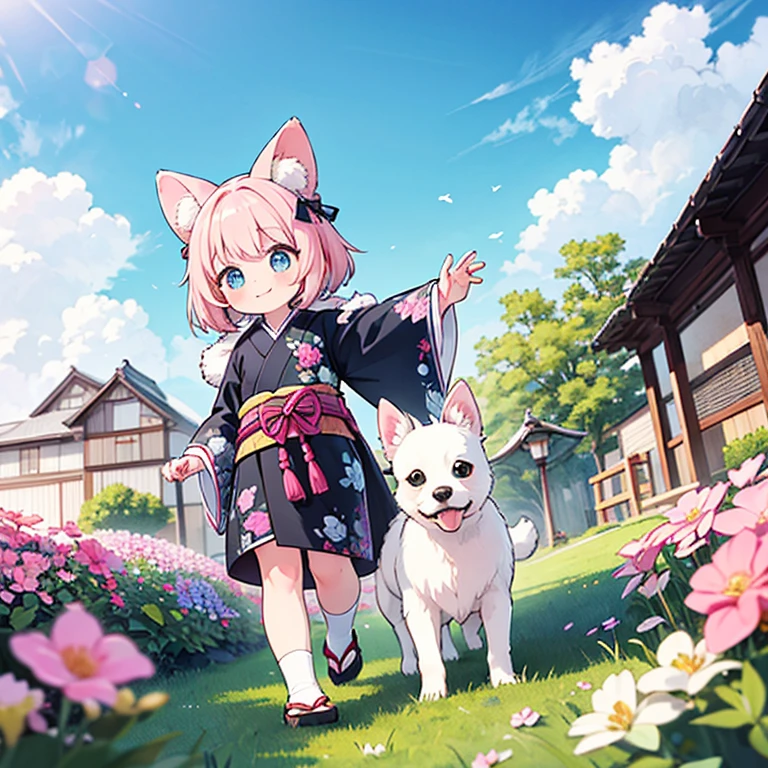 master piece , best quality，wallpaper 8k CG, hyper quality, the best ，1girl,solo，smile，Her two buns are pictured in the center of the image。This top quality Japanese Moe illustration，a clear pale pink blush，A cute little girl is taking a walk with her white Chihuahua dog in a park where the blue sky is beautiful and many flowers are blooming. She is wearing a dress with a floral pattern. The Chihuahua has very beautiful white fur and adorable round big eyes. In Japanese anime style