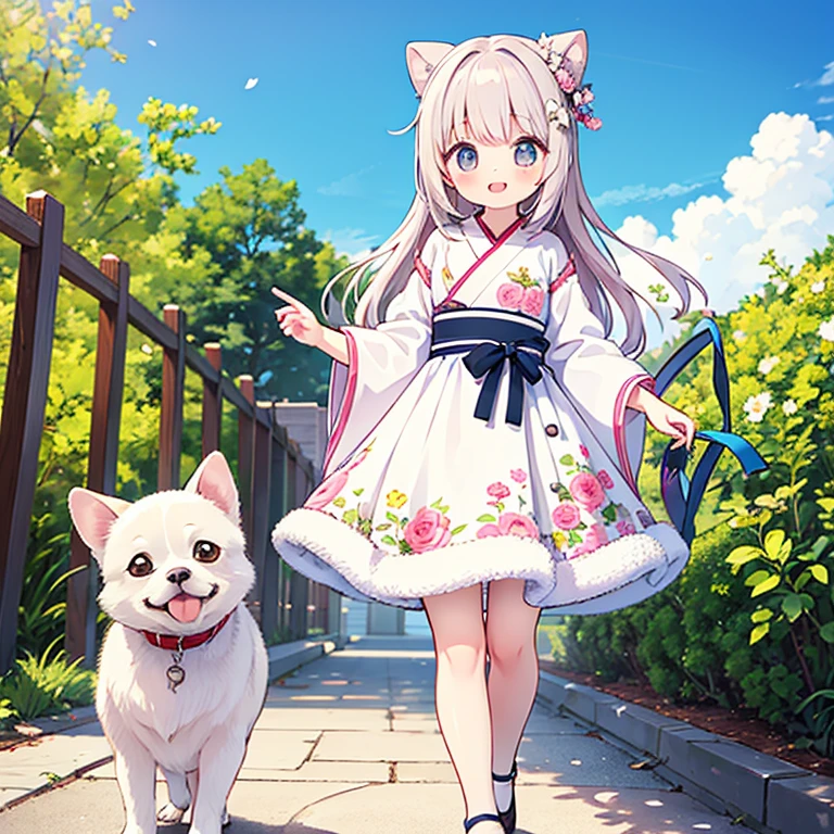master piece , best quality,wallpaper 8k CG, hyper quality, the best ,1girl,solo,smile,Her two buns are pictured in the center of the image。This top quality Japanese Moe illustration,a clear pale pink blush,A cute little girl is taking a walk with her white Chihuahua dog in a park where the blue sky is beautiful and many flowers are blooming. She is wearing a dress with a floral pattern. The Chihuahua has very beautiful white fur and adorable round big eyes. In Japanese anime style