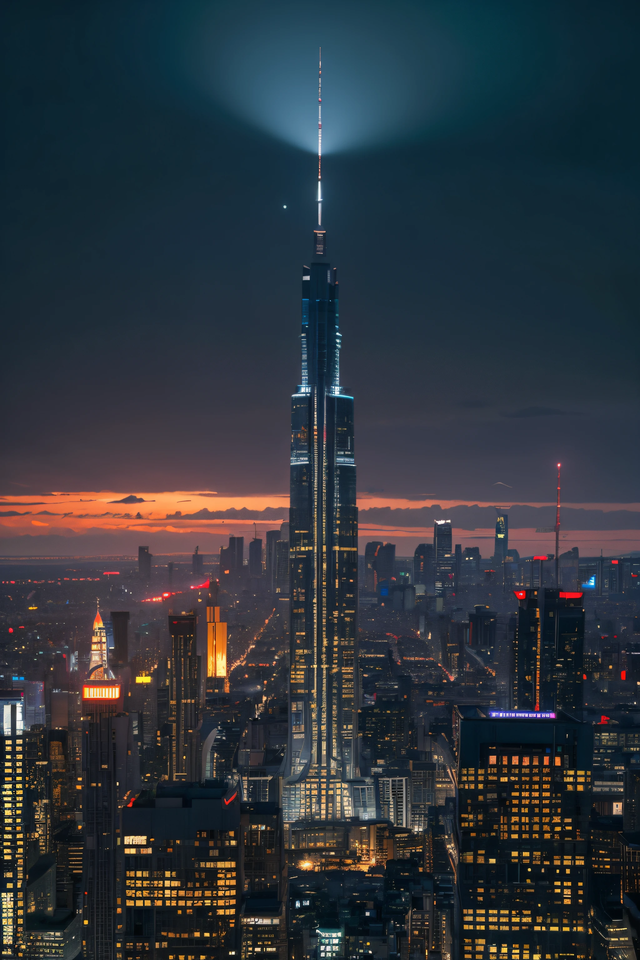 Super futuristic city at dusk,In the middle of a large group of extremely high-end buildings,There is a taller majestic building.,Very depressing。