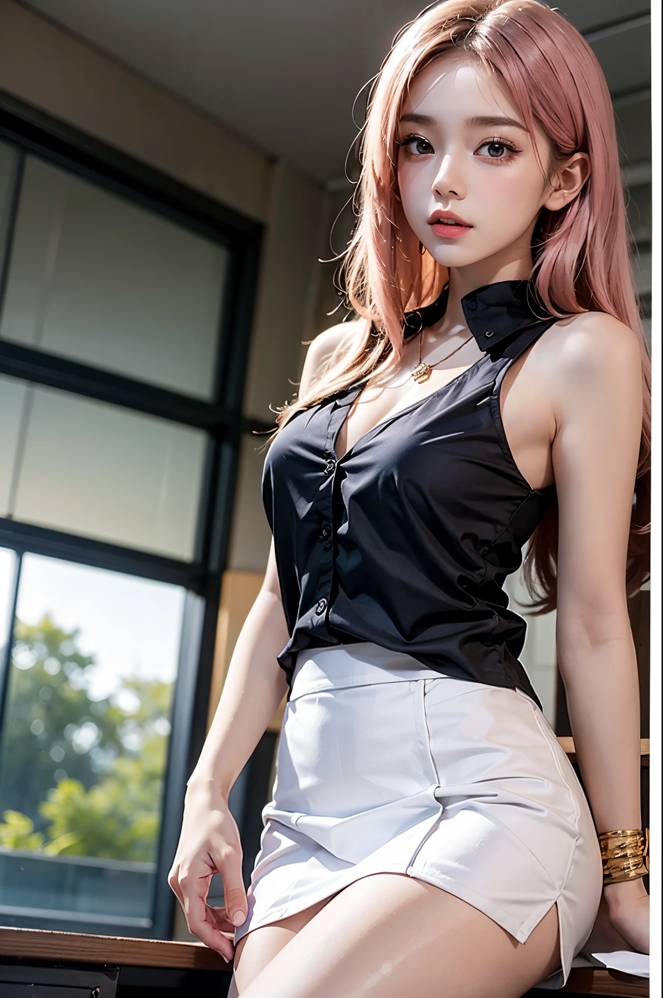 best qualtiy，tmasterpiece，超高分辨率，（fidelity：1.4），RAW photogr，20-year-old sexy model，jk_lure_dress3, Long messy hair，curlies, golden hair, Campus style, black shirt, DEEP-V COLLAR, Bare shoulders, Short pink skirt, white stockings, inside a classroom, Cross ed leg, posing elegantly, posed for photo, Random shooting angle, Surprising detail，The is very detailed, Smooth skin, a warm color palette