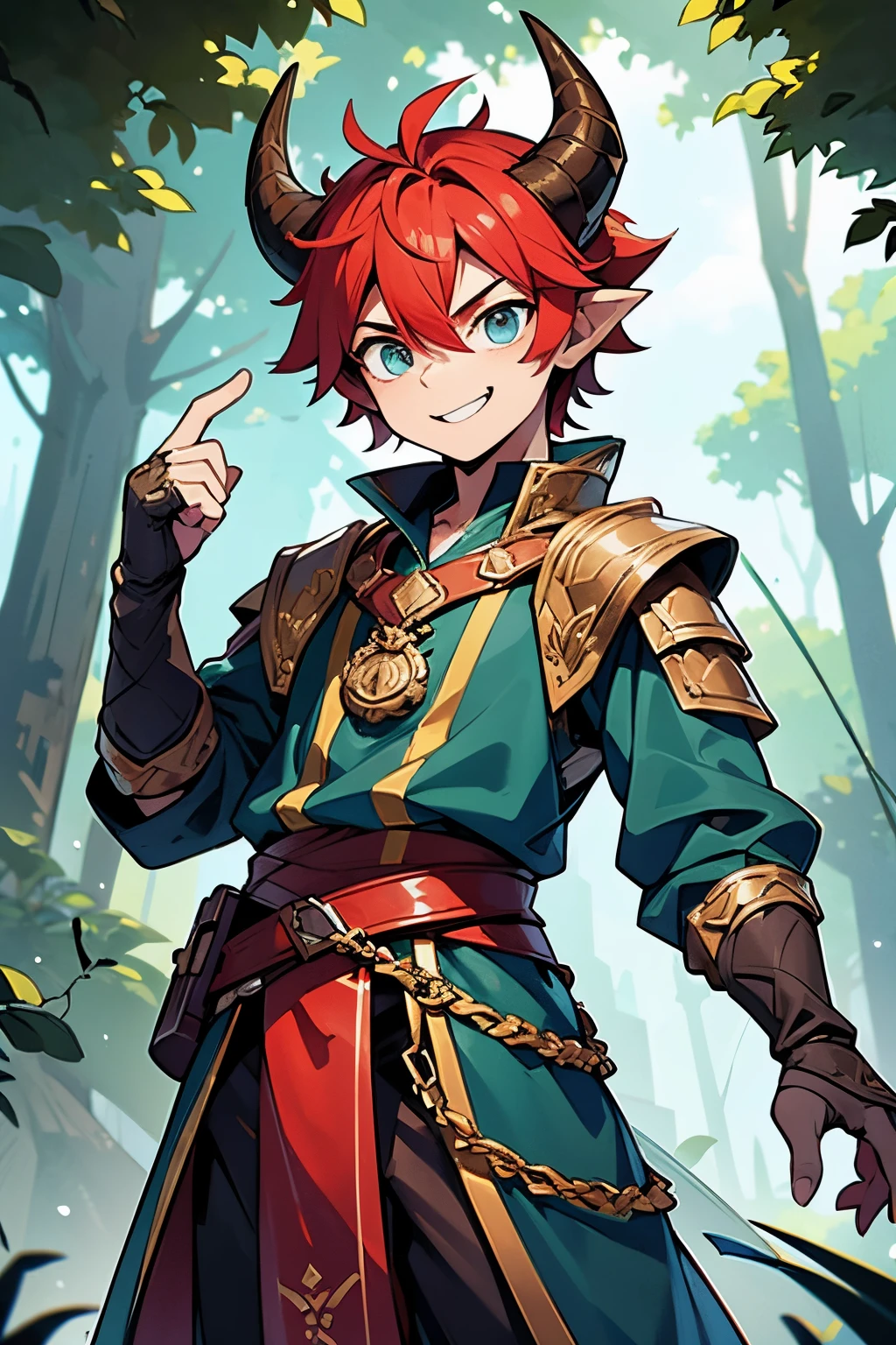 1 garoto de 18 anos, masculino, has scales on the neck, tem escamas no peito, dragon boy, has dragon horns, your face is normal, olhos cor azul, Your hair is red, all his fur is red, boca comum, orelha comum, the boy is facing the camera, is smiling, is wearing leather clothes from the middle ages, roupas antigas, The background of the image is a forest, tem arvores no fundo da imagem