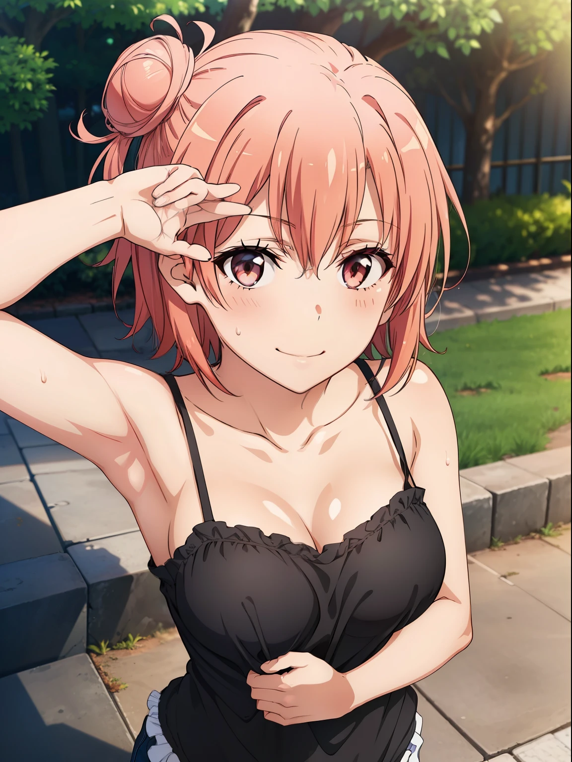 ((masutepiece, Best Quality, hight resolution, nffsw, Perfect Pixel, depth of fields, 4K, )), 1girl in, Solo, Lori, Beautiful anime girl, Beautiful Art Style, 
close up, Looking at Viewer, 
Perfect body,  

Yuigahama Yui, Pink hair, Short hair, Hair bun, large boob, 

black ruffle camisole,  Sweat, 
Smile, 
From  above, 
arm up, 
in park, Sunshine,