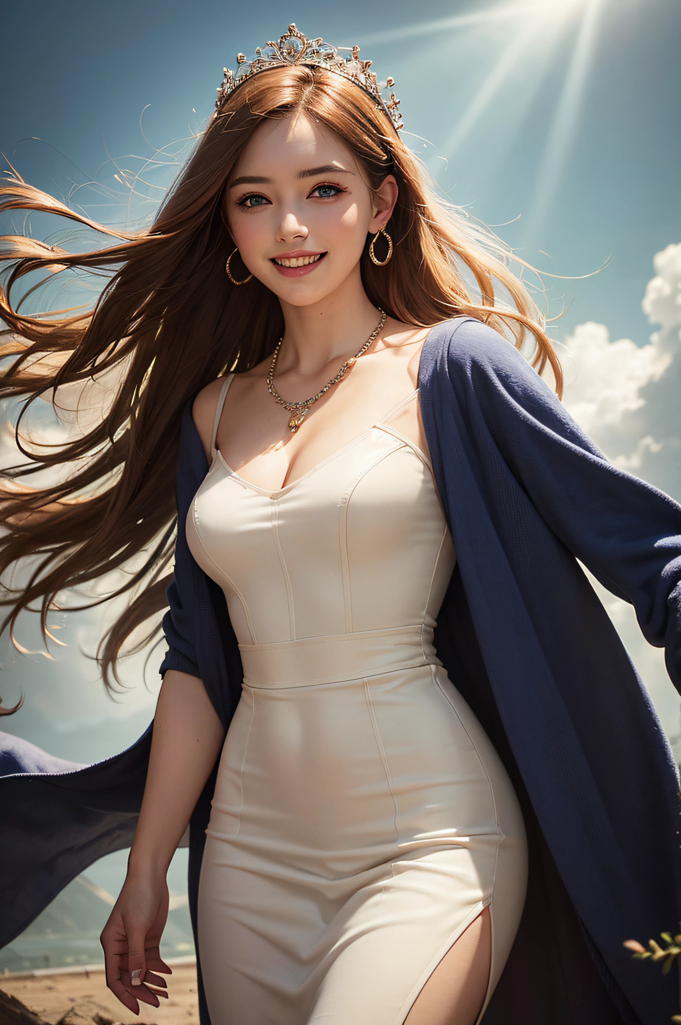 Young goddess, (Her clothes are all flipping up by extremely strong wind:1.5), (wearing robe, tiara, necklace, (blonde | auburn) hair, blue eyes), (background random great nature), (laughing, big smiling), { (dramatic lighting:1), (rembrandt lighting:1.2), surrealism, god rays }, ((masterpiece, 8K highest resolution)), wide view, { (seen from back:0), (reveal pelvis:0) }