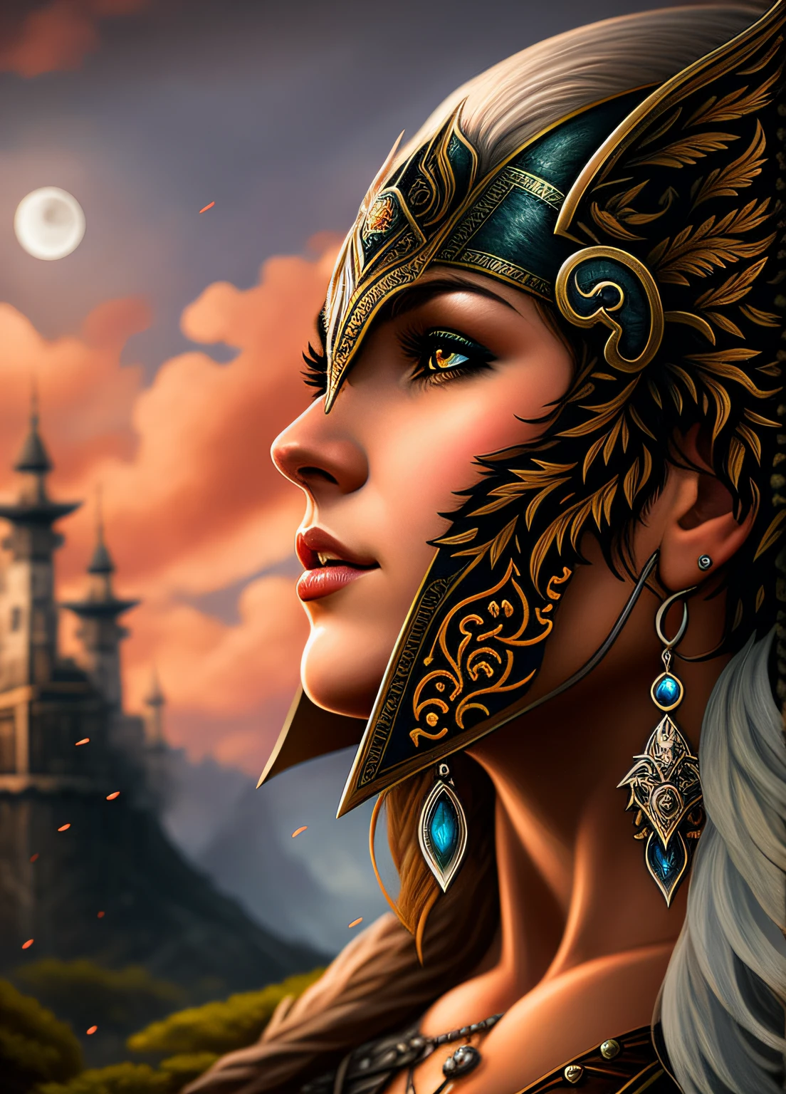 um close de uma mulher usando um capacete com penas, um lobo abaixo dela com uma cara furiosa, retrato de fantasia fosco detalhado, com um fundo de guerra, Warrior Woman, uma bela mulher guerreira, Grande arte digital com detalhes, Retrato de uma mulher guerreira com lobo, guerreira, lobo raivoso, retrato de arte conceito de fantasia, epic fantasy art portrait, deusa, estilo dark. Detalhes extremamente altos, Norse goddess, princesa guerreira, arte do retrato da fantasia, linda guerreira, Lobo realista abaixo da mulher com um dos olhos cegos e com um rosto de raiva, scenery behind background woman in war, sky with a moon and black crow, black image, war, dark.