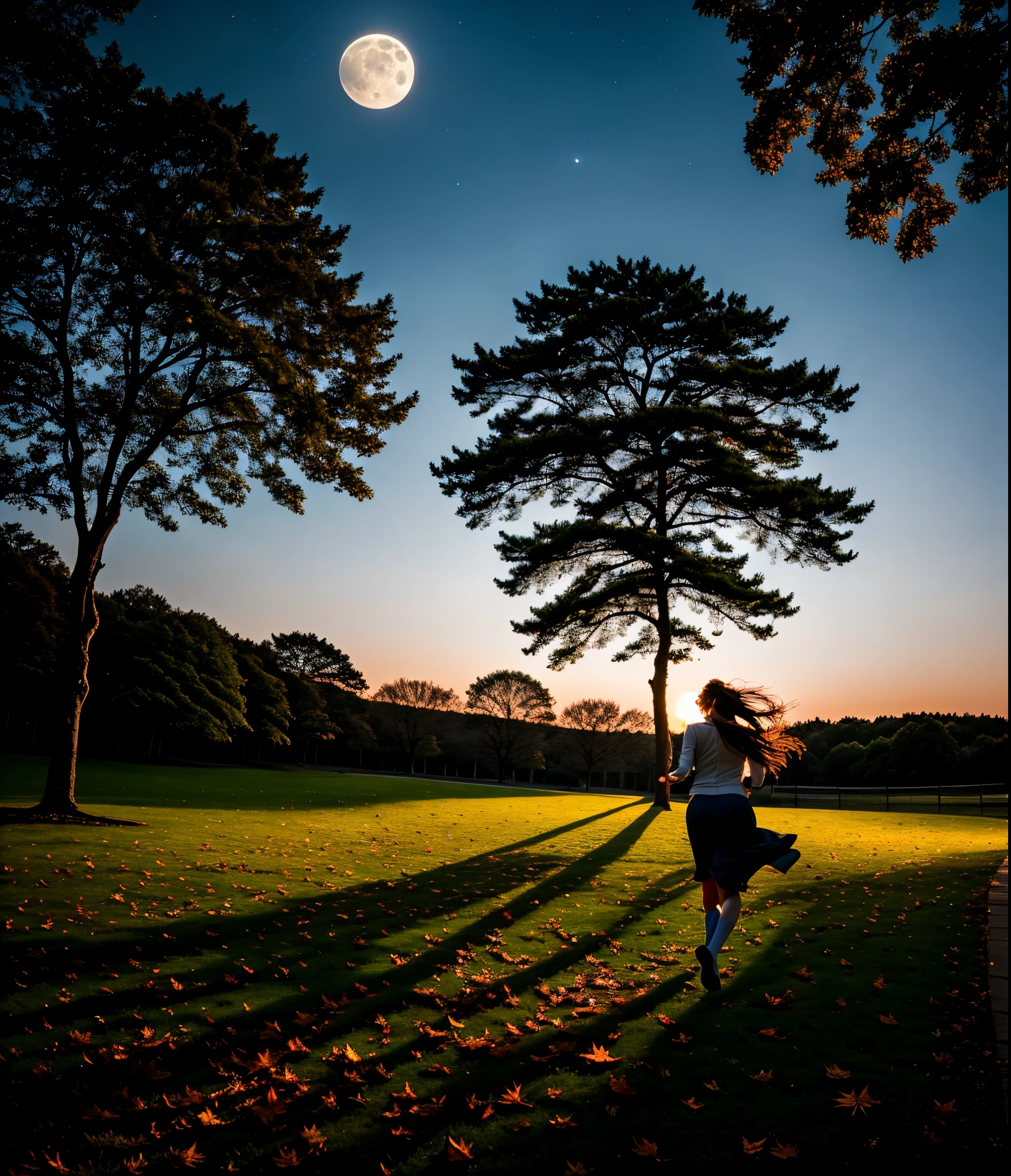 /imagine prompt:
color photo of: "A tranquil park at night, under the silver light of the moon"
"A girl with brown hair and bright eyes runs through the grass, laughing and playing."
Her father watches her with a tender smile, cherishing every precious moment with his little daughter.
The wind gently sways the treetops as a soft breeze blows.
The leaves slowly descend, dancing in the shadows like glowing embers.
-- Now the girl runs to her father, who embraces her with all the tenderness and paternal love.
—c 10 —ar 2:3
