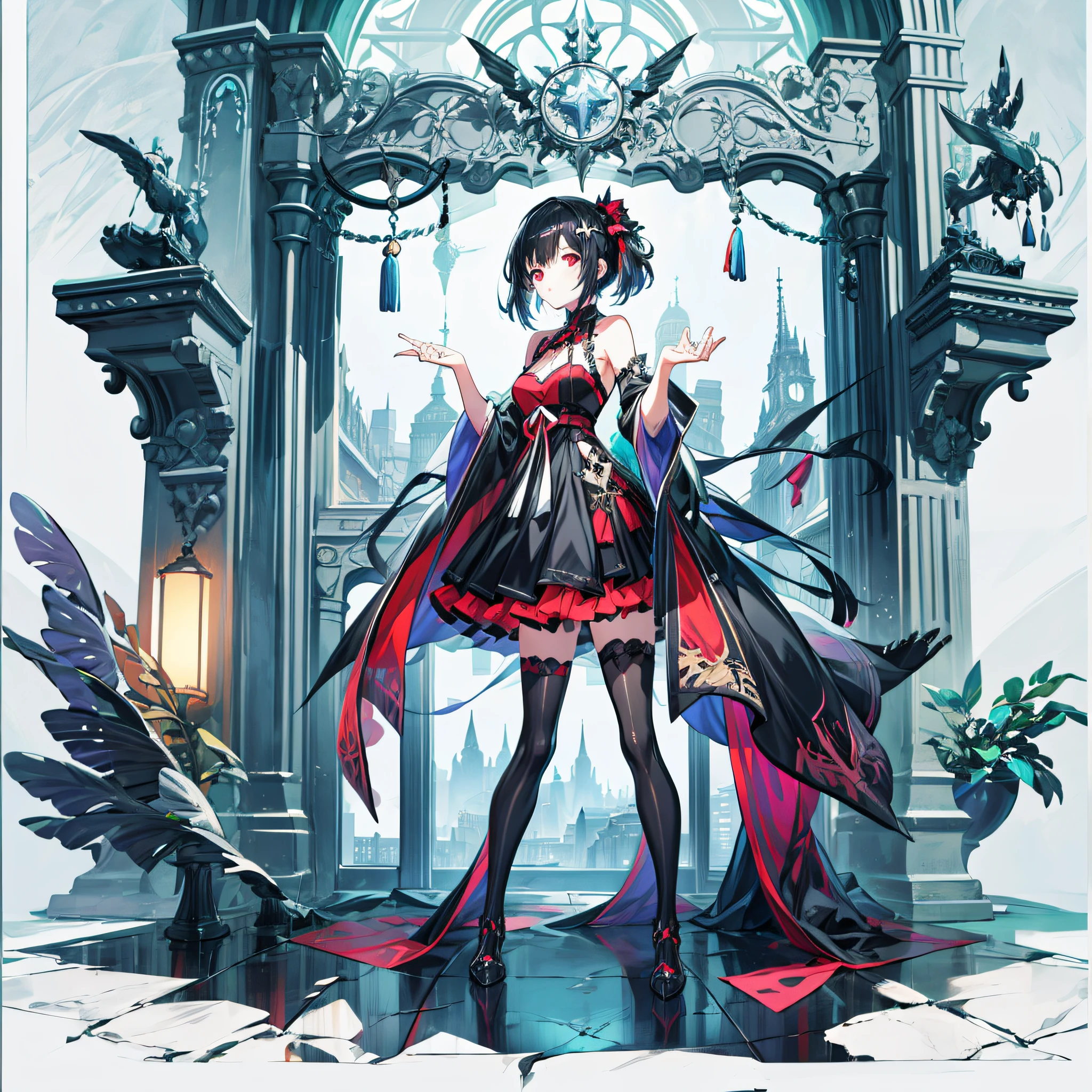 [(white Background:1.4)::5],Original,(Illustration:1.1),(Best Quality),(masutepiece:1.1),(the Extremely Detailed CG Unity 8K Wallpapers:1.1), (Colorful:0.9),(mid-shot:0.95),(very detailed beautiful full body),Dynamic Angle,(Solo:1.2), (girl),(((Adult))), (Detailed beautiful eyes:1.15), (Beautiful face:1.15), (glowing red eyes:1.25////),(black hair),(Blunt bangs),The girl has sharp eyes and a gothic face，Anime girl with black hair and white dress,((full body)),gothic maiden anime girl, 1 7 - year - old anime goth girl, nightcore, Anime girl wearing black dress,anime visual of a cute girl, An anime girl, Kawasi, Fierce anime girl, Incorporates elements of dark fantasy，The proportions are correct,