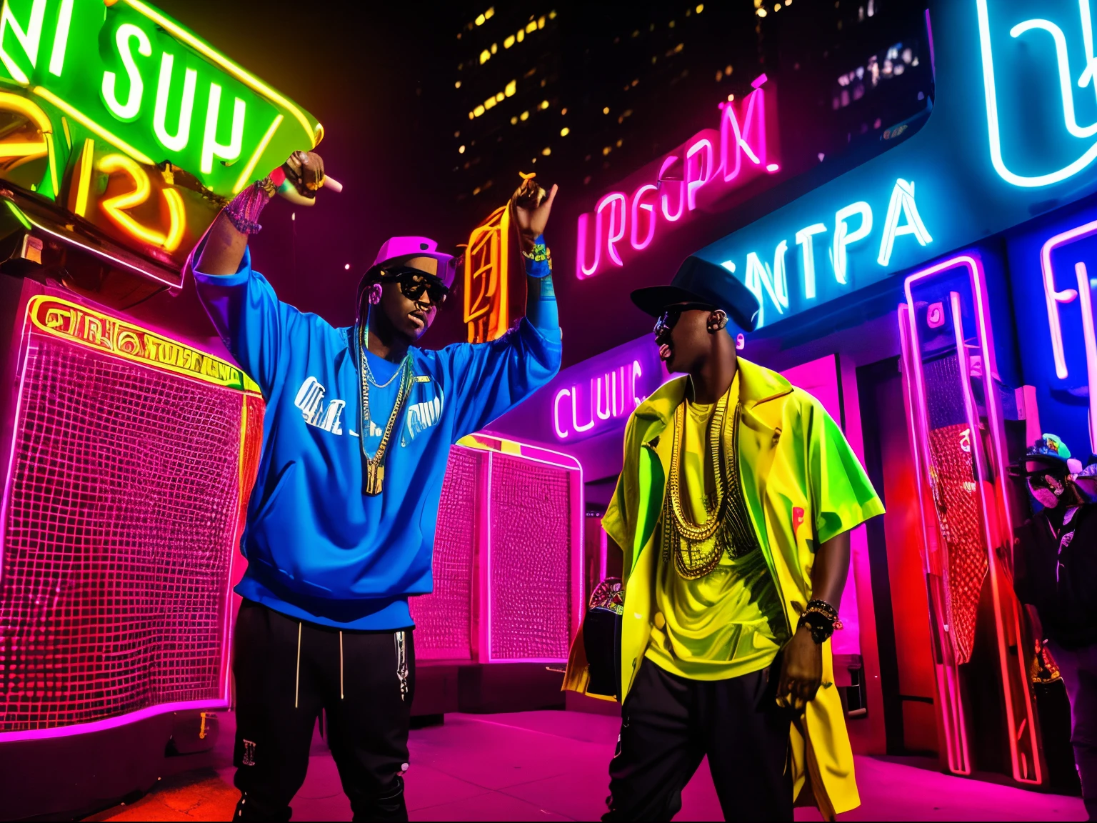A photorealistic image of A very stylish hip-hop singer, dancing an singing, in the crowded streets of New York, neon colors, hip-hop culture, street festival, Calculus Contours
