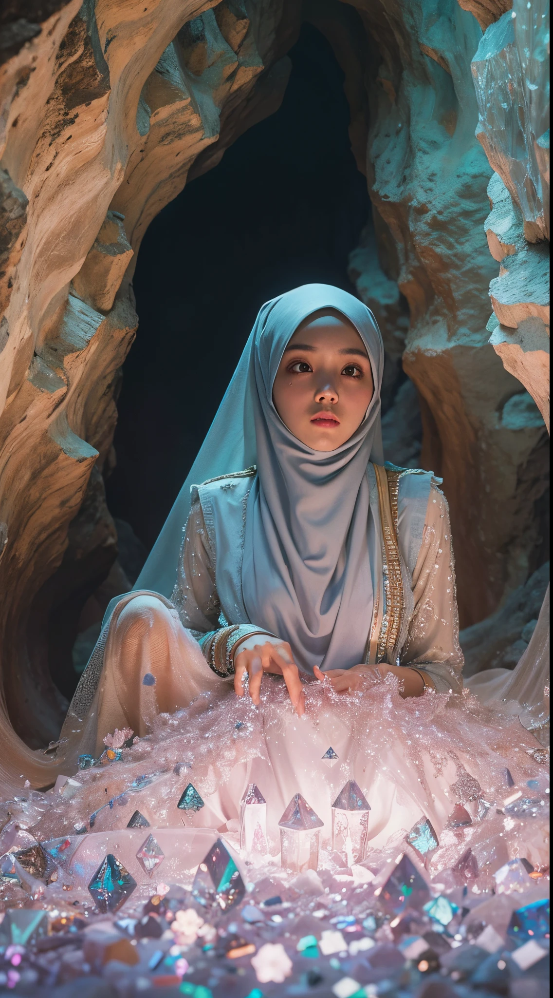 Capture the Malay girl with hijab in a vast cavern filled with towering, sparkling crystals. The radiant crystals reflect the light, casting a surreal and enchanting glow. style raw, pastel color grading, Super 8mm lense, Extreme close-up, Deep Focus cinematography effect