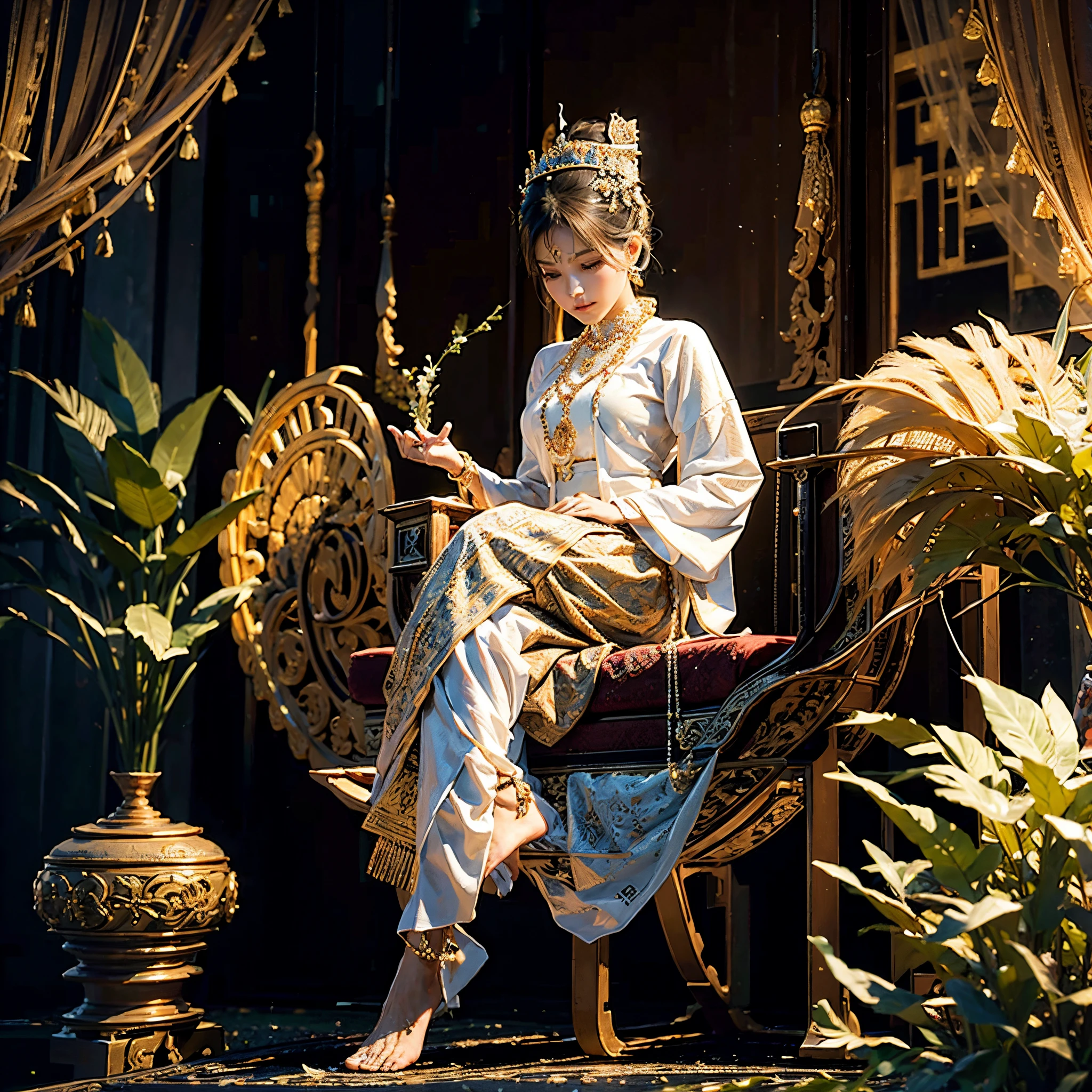 MMTD BURMESE PATTERNED TRADITIONAL DRESS WEAR BEAUTIFUL queen,WEAR PEARL NECKLACES AND GOLD BRACELETS,FULL BODY DETAILS BEAUTY, sitting in royal manner on the long golden traditional throne in golden palace, Myanmar traditional hair style,best composition, full view covered shot, cenimatic lightning and ultra realistic details, octane rendering, unreal engine, sharp focus,32k ,UHD resolution