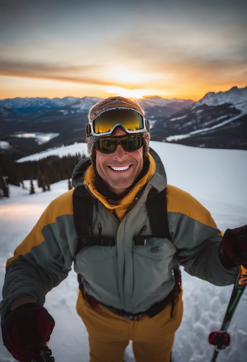 A panoramic shot of the sun rising over the Rocky Mountains, illuminating the untouched powder fields below,original,a quintessential ski bum, lives and breathes the slopes of Jackson Hole, with his sun-bleached hair, weathered skin, and a perpetual grin beneath his mirrored goggles. His attire is a colorful mishmash of vintage ski gear, patched up from years of backcountry adventures, embodying his free-spirited and carefree approach to life.