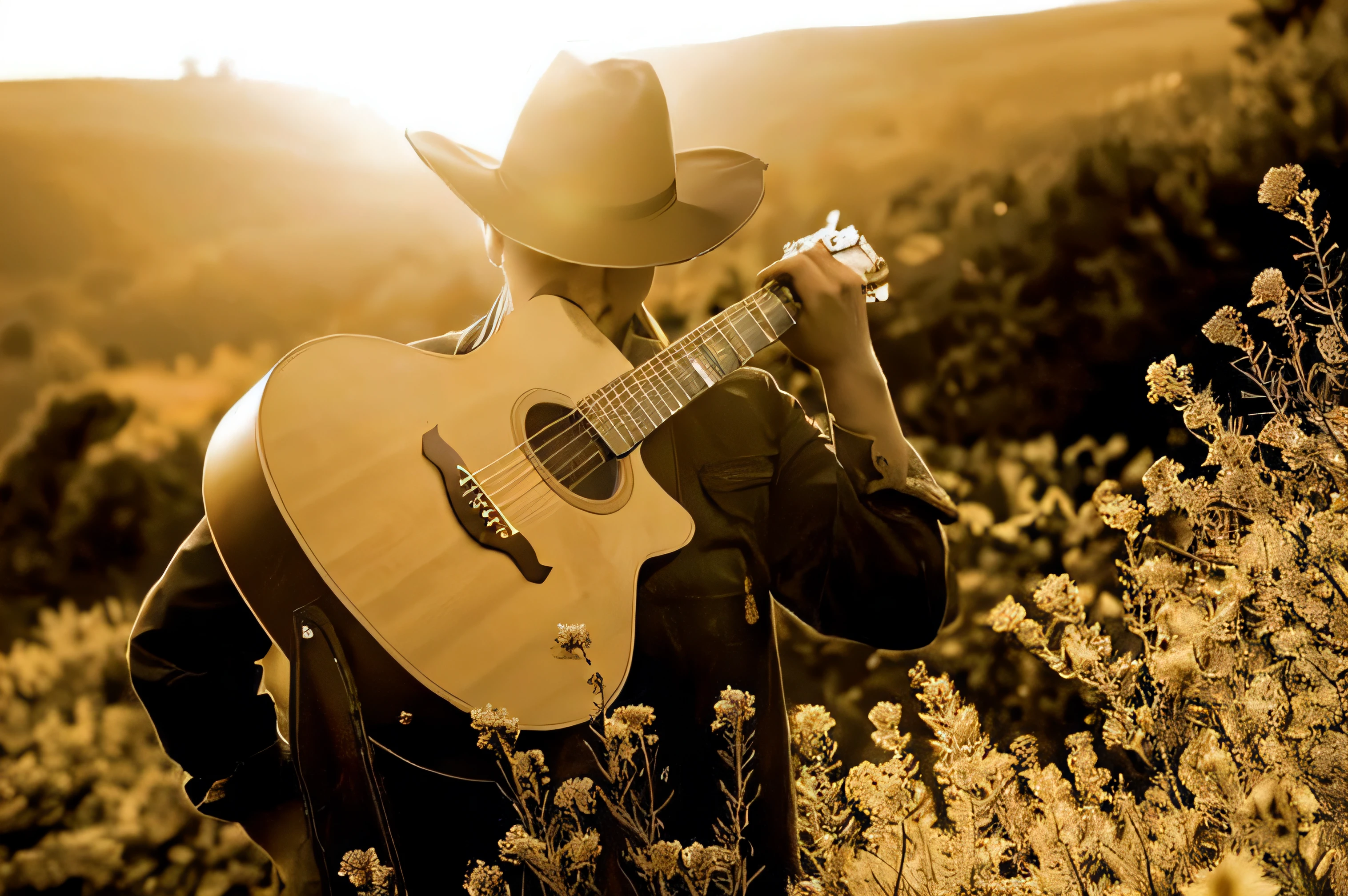 man in a hat playing guitar in a field, cantor - compositor, cantor e compositor, country, Alan Jackson, Estreito de George, Cowboy na Faixa, Neil Jovem, Man playing guitar, Vaqueiro, sonho de Vaqueiro, Directed by: Linda Sutton, western setting, in the sunset, Foto traseira de um cowboy, Colin Hay, playing the guitar, Chris Cavaleiro